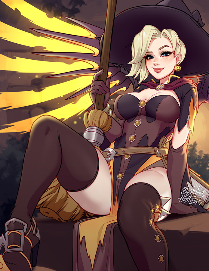 1girls 2d 2d_(artwork) 2d_artwork artist_logo artist_name artist_signature blonde_female blonde_hair blonde_hair_female blue_eyes blush blushypixy blushyspicy broom broomstick clothed clothing detailed_eyes drawn female female_focus female_only halloween holding_object human looking_at_viewer mercy official_alternate_costume ornate_clothing overwatch overwatch_2 skindentation smile smiling smiling_at_viewer smirk smirking smirking_at_viewer thighhighs url witch witch_costume witch_hat witch_mercy