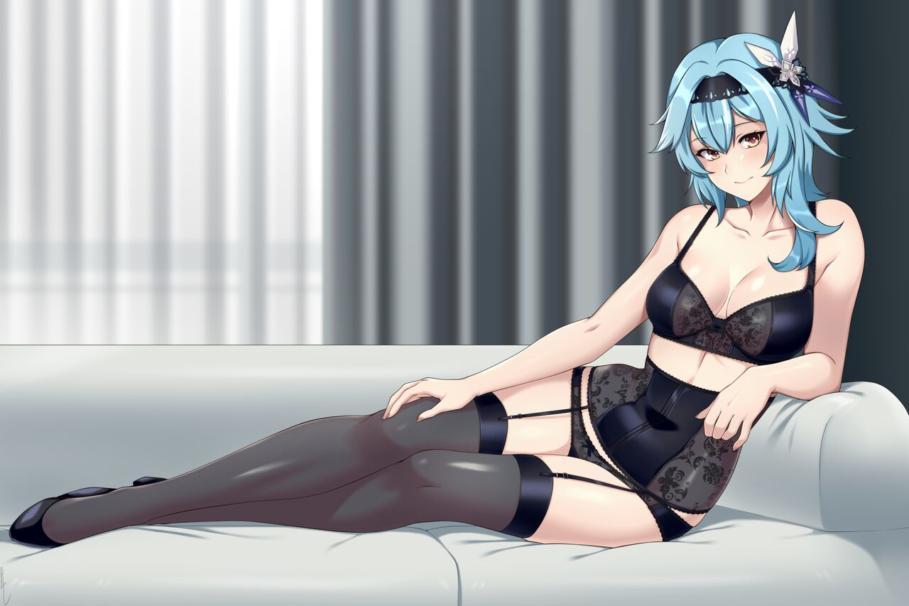 bra eula_(genshin_impact) garter_belt garter_straps genshin_impact lindaroze lingerie panties posing shoes sofa stockings thighhighs