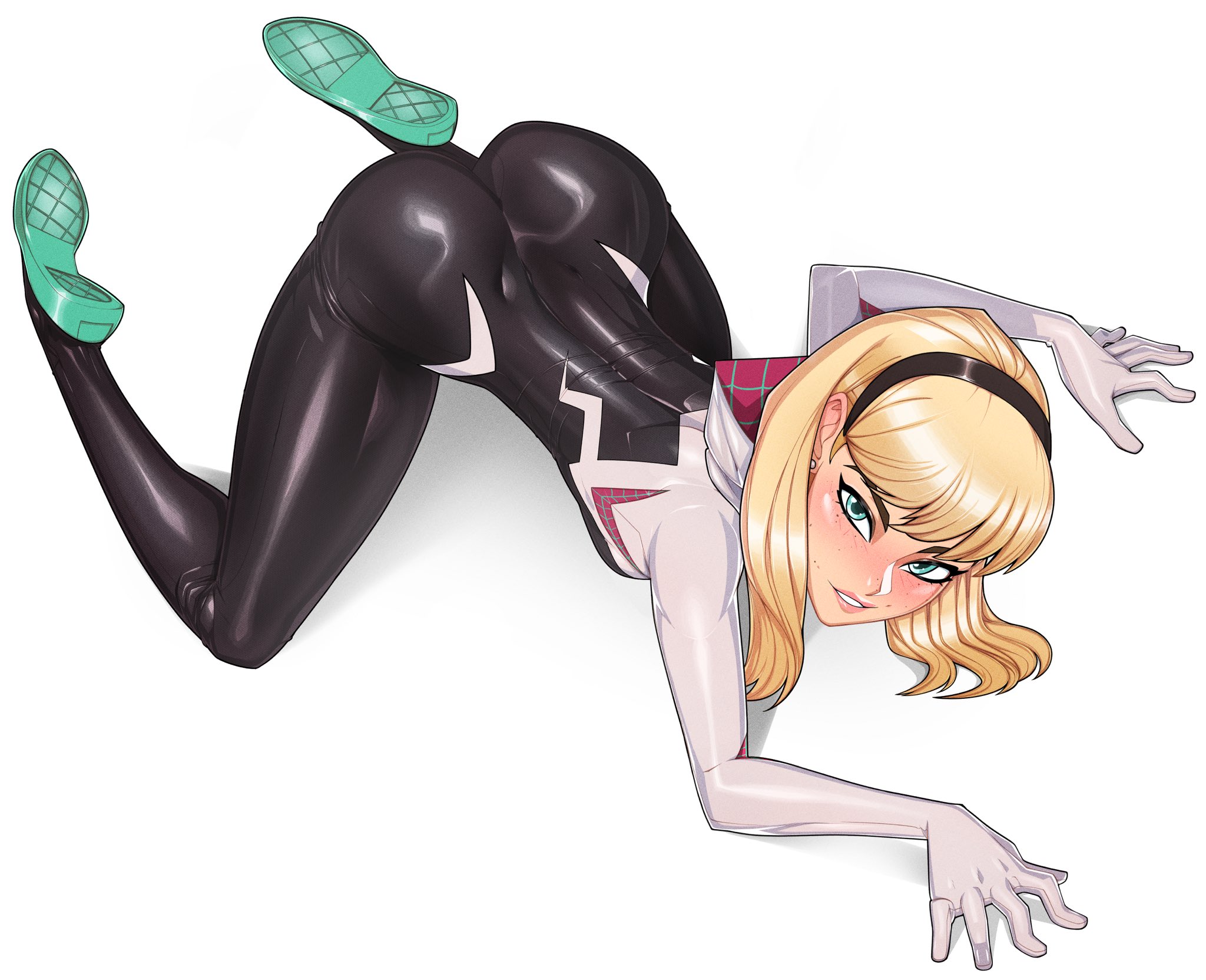 1girls, absurd res, absurdres, all fours, alternate version available, ass, back, blonde hair, blush, bodysuit, clothed, clothed female, clothes, clothing, female, female only, freckles, freckles on face, from above, fully clothed, gwen stacy, hair, hairband, headgear, heroine, highres, hooded bodysuit, hoodie, human, human only, light skin, light-skinned female, looking at viewer, looking back, marvel, marvel comics, medium hair, minicop2001, slim, solo, solo female, spider web print, spider-gwen, spider-man (series), spider-man: into the spider-verse, spider-woman by milo manara, superhero costume, superheroine, tights, toes, top view, white background