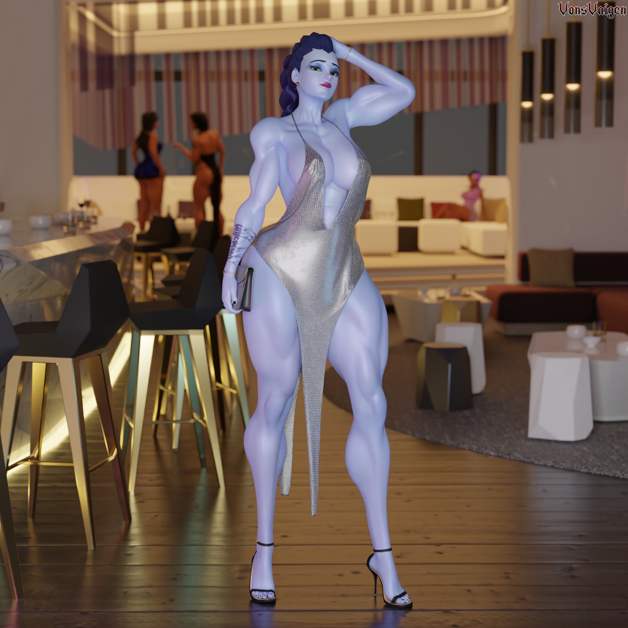 1girls, 3d, 3d model, abs, amelie lacroix, ass, big ass, big breasts, blizzard entertainment, breasts, cleavage, dress, female, female only, fit, fit female, heels, high heels, long hair, looking at viewer, muscular, muscular female, overwatch, overwatch 2, ponytail, purple skin, solo, tattoo, thick thighs, tight clothing, vonsvaigen, wide hips, widowmaker, yellow eyes
