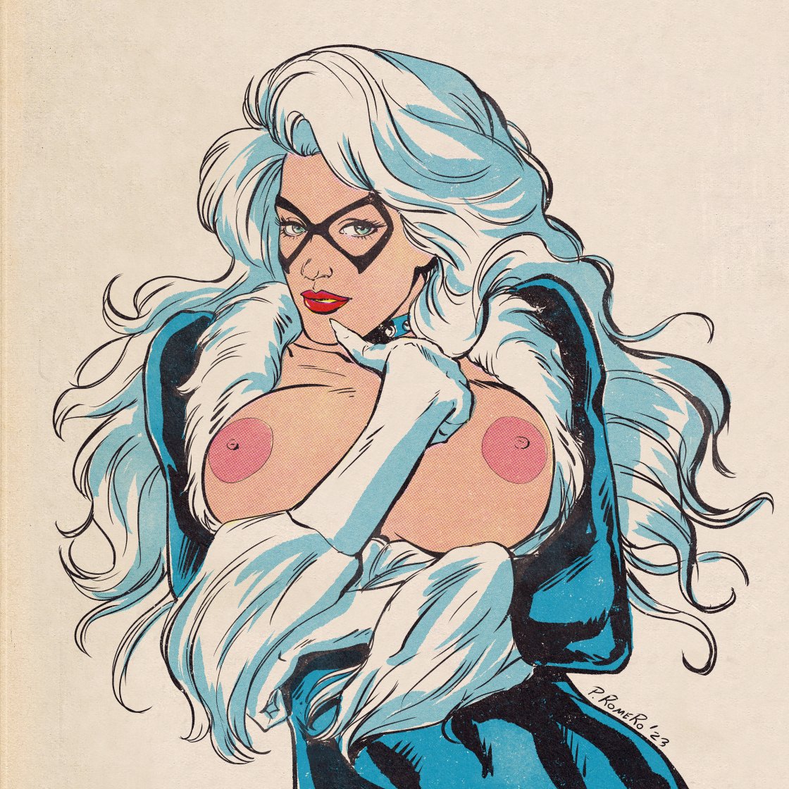 1girls areolae big_breasts black_cat_(marvel) blue_eyes bodysuit breasts busty felicia_hardy female female_only huge_breasts human human_female human_only light-skinned_female light_skin lipstick long_hair marvel marvel_comics nipples pablo_romero posing posing_for_the_viewer spider-man_(series) superheroine topless topless_female white_hair