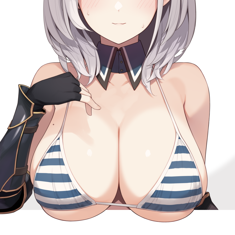 bikini breasts closed_mouth commentary_request detached_collar enosan female gauntlets grey_hair hololive hololive_fantasy hololive_japan large_breasts mole mole_on_breast shirogane_noel shirogane_noel_(1st_costume) short_hair simple_background smile solo striped striped_bikini swimsuit upper_body virtual_youtuber white_background