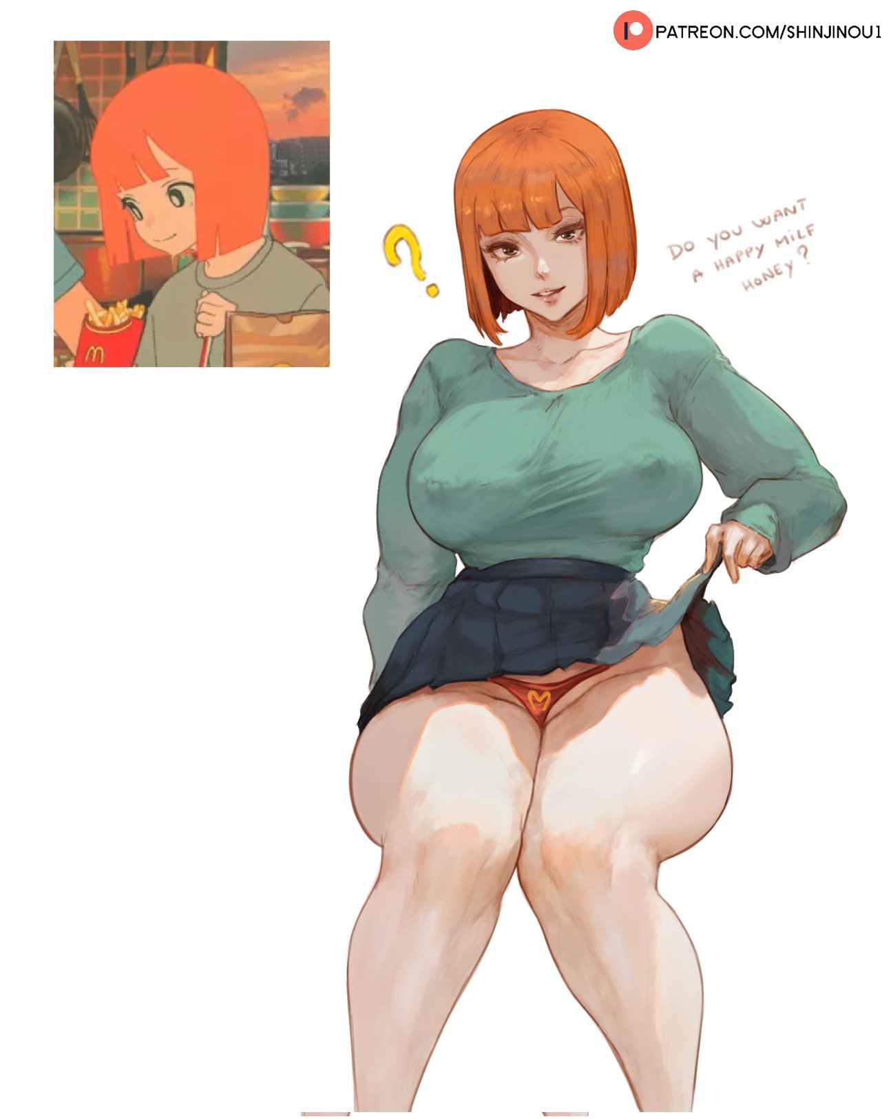 1girls alternate_breast_size cutesexyrobutts_(style) english_text female female_only innuendo looking_at_viewer mcdonald's milf mom_(japanese_mcdonald's_commercial) mother orange_hair reference_image shinjinou skirt skirt_lift solo talking_to_viewer text thighs thong white_background wide_hips yoru_mac