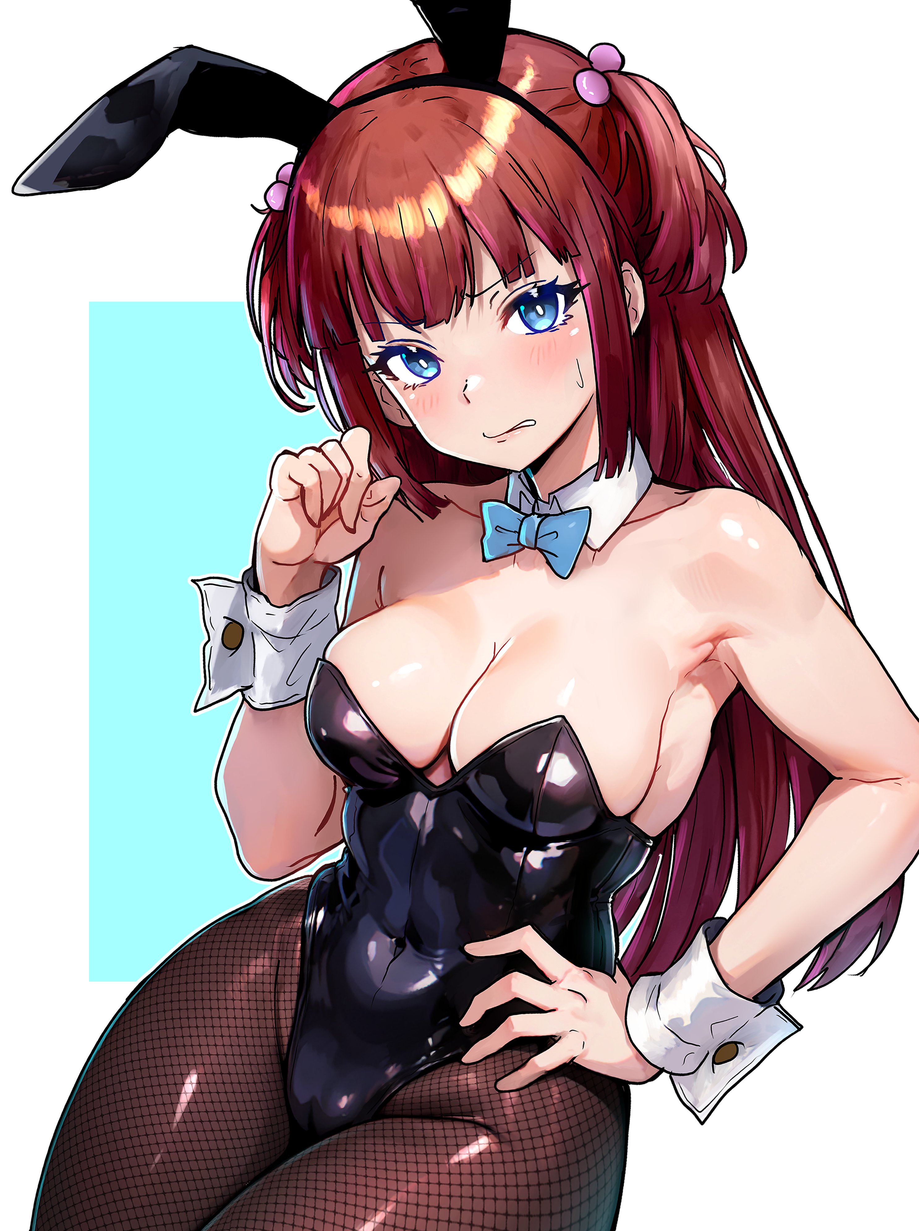 07th expansion, 2d, ange ushiromiya, auburn hair, blue eyes, blush, bowtie, breasts, bunny ears, bunny girl, bunnysuit, cleavage, detached collar, ebora, embarrassed, fake animal ears, female, female only, fishnet pantyhose, fishnets, leotard, long hair, looking at viewer, medium breasts, pantyhose, red hair, solo, sweatdrop, twintails, umineko no naku koro ni, wide hips, wrist cuffs, youngmanisdown