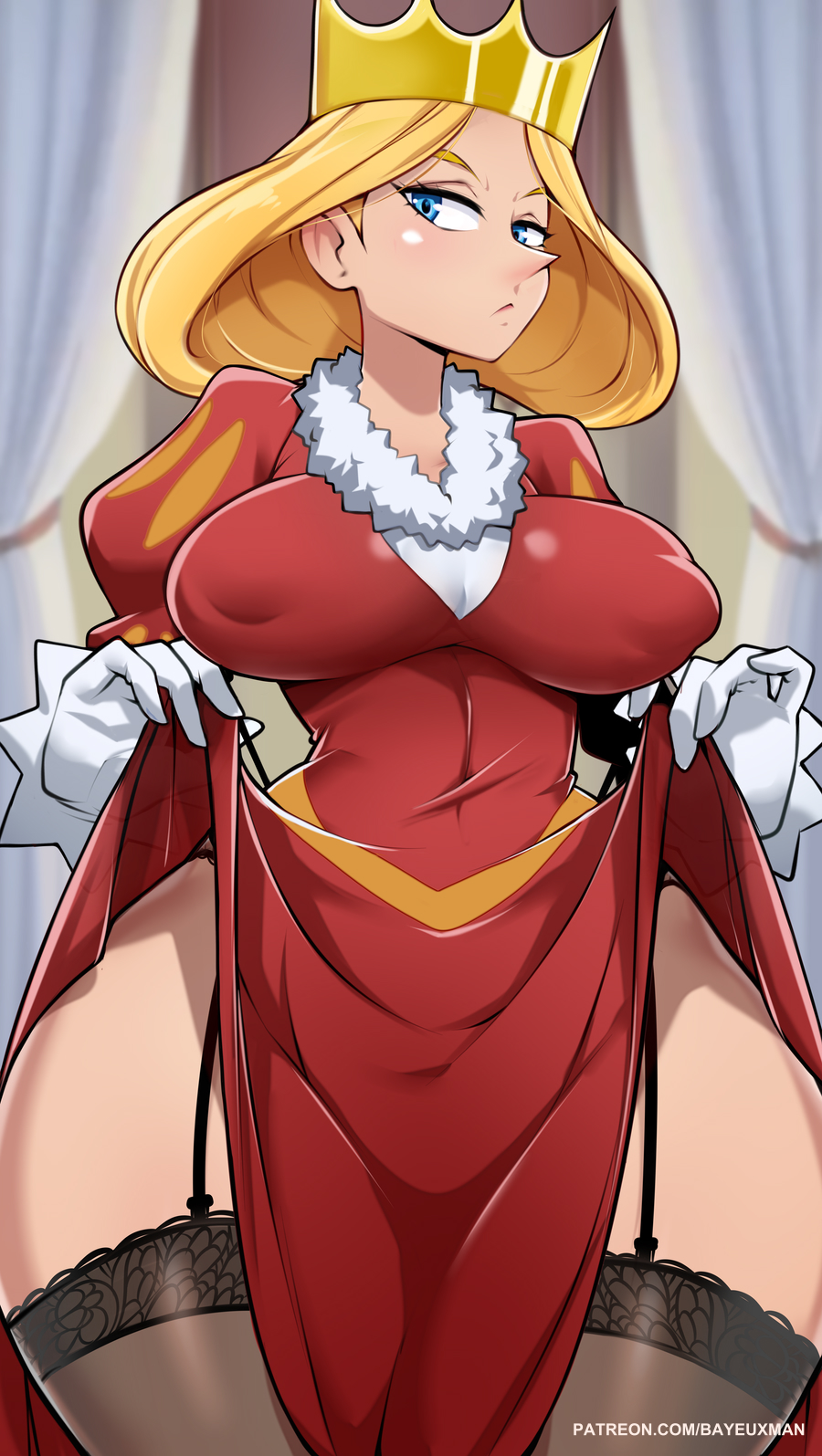1girls, 2d, areola bulge, areolae, bayeuxman, big breasts, blonde hair, blue eyes, breasts, clothed, clothing, cropped legs, crown, dress, eyelashes, female, female only, garter straps, gloves, light skin, light-skinned female, looking at viewer, medium hair, nipple bulge, nipples, ousama ranking, puffy areola, puffy nipples, queen hilling, soles, solo, stockings, thick thighs, thin waist, tight clothing, wide hips