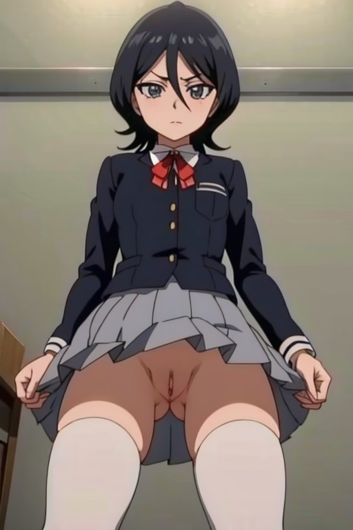 1girls, ai generated, annoyed, black hair, bleach, caught, female, flat chest, kuchiki rukia, looking at viewer, no panties, petite, pussy, pussy peek, school uniform, skirt, skirt lift, thighhighs, thighs, upskirt