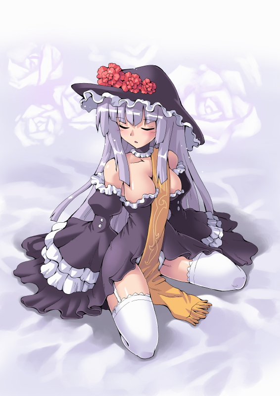 07th_expansion 2d blush cleavage closed_eyes collar female female_only frills full_body garter_straps hat headwear hime_cut kurogarasu lolita_fashion long_hair medium_breasts object_between_breasts silver_hair sitting solo thighhighs umineko_no_naku_koro_ni virgilia wariza white_legwear white_thighhighs zettai_ryouiki