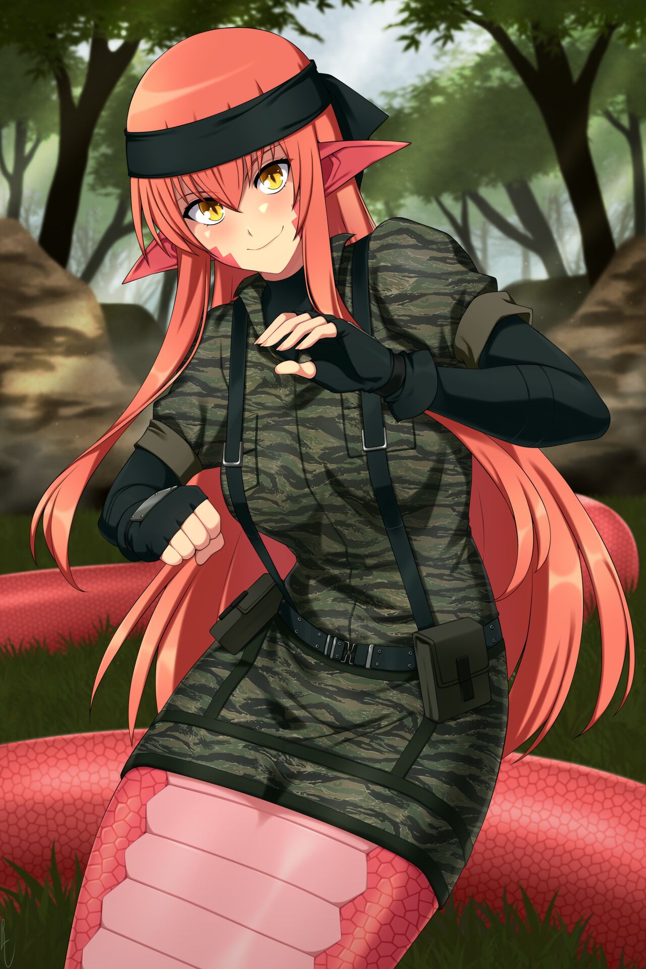 combat_gear cosplay fully_clothed lamia lindaroze metal_gear_solid metal_gear_solid_3 miia_(monster_musume) monster_girl monster_musume_no_iru_nichijou naked_snake_(cosplay)