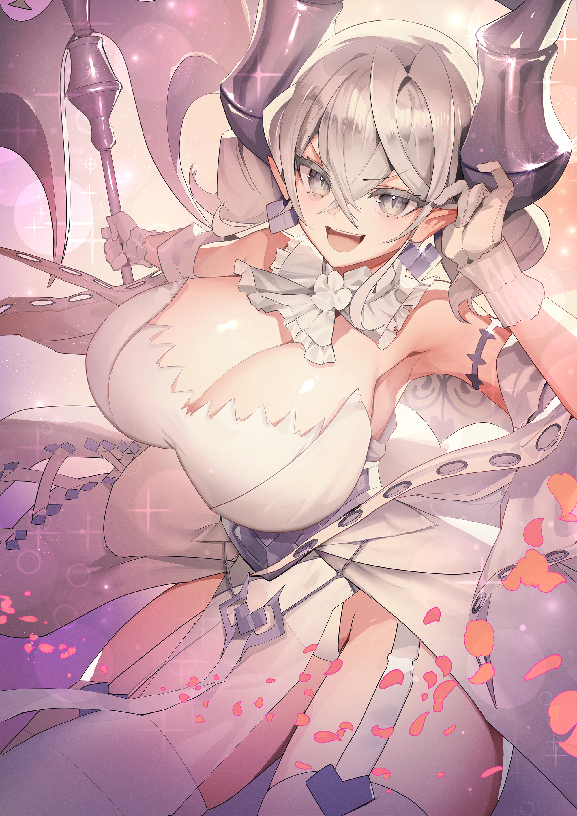1girls, armpits, big breasts, breasts, cleavage, demon, duel monster, female, garter straps, gloves, horns, huge breasts, humanoid, labrynth of the silver castle, looking at viewer, lovely labrynth of the silver castle, open mouth, ro g (oowack), silver hair, solo, solo female, tagme, thighhighs, weapon, yu-gi-oh!