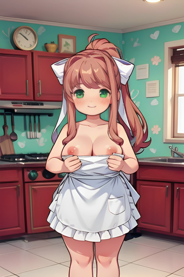 ai_generated apron apron_only bangs blush breasts breasts_out clock coral_brown_hair doki_doki_literature_club emerald_green_eyes female female_only green_eyes happy kitchen kitchen_appliance kitchen_counter looking_at_viewer monika_(doki_doki_literature_club) nipples picture_on_wall pixai ponytail sink smile solo stove sunshine_light white_bow window