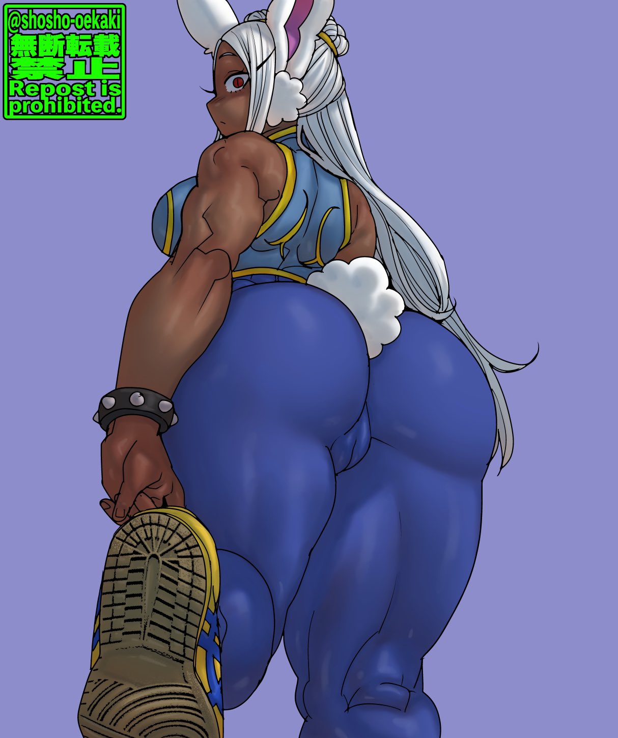 1girls, ass, big breasts, breasts, bunny ears, bunny tail, chun-li (cosplay), chunky, dark skin, dark-skinned female, eyebrows, fat ass, female, female only, large ass, long hair, looking at viewer, looking back, miruko, my hero academia, rabbit ears, red eyes, rumi usagiyama, shosho oekaki, solo, solo female, solo focus, spiked bracelet, street fighter, thick thighs, thighs, white background, wide hips