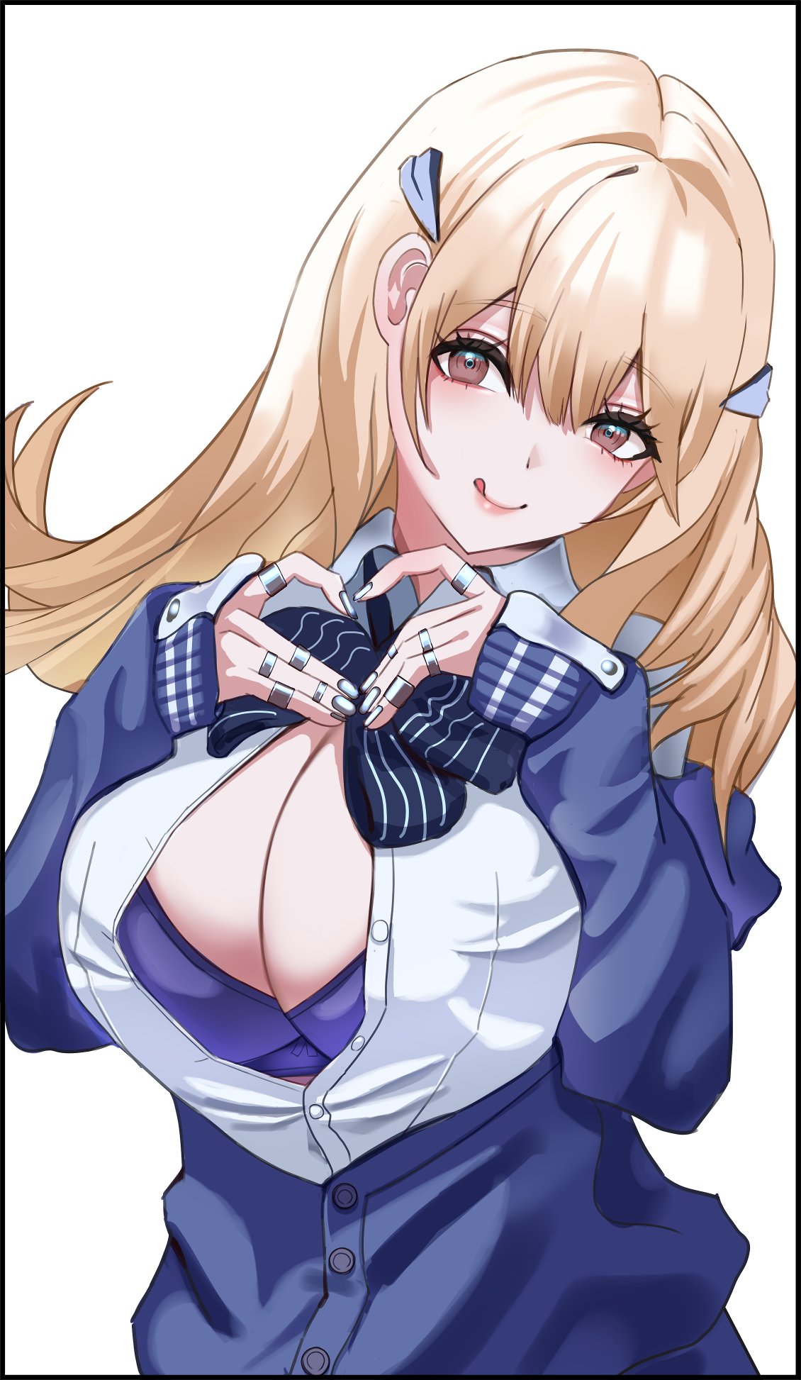 2d :q blonde_hair blue_bow blue_bowtie blue_bra blue_cardigan blush bow bow_bra bowtie bra bra_peek breasts button_gap cardigan cleavage closed_mouth collared_shirt eyes_visible_through_hair female goddess_of_victory:_nikke hair_intakes hair_ornament hands_on_own_chest heart heart_hands highres huge_breasts jewelry lips long_hair looking_at_viewer multiple_rings puffy_sleeves red_eyes ring shirt sleeves_past_wrists smile solo tia_(nikke) tongue tongue_out type09_sachi white_background white_shirt