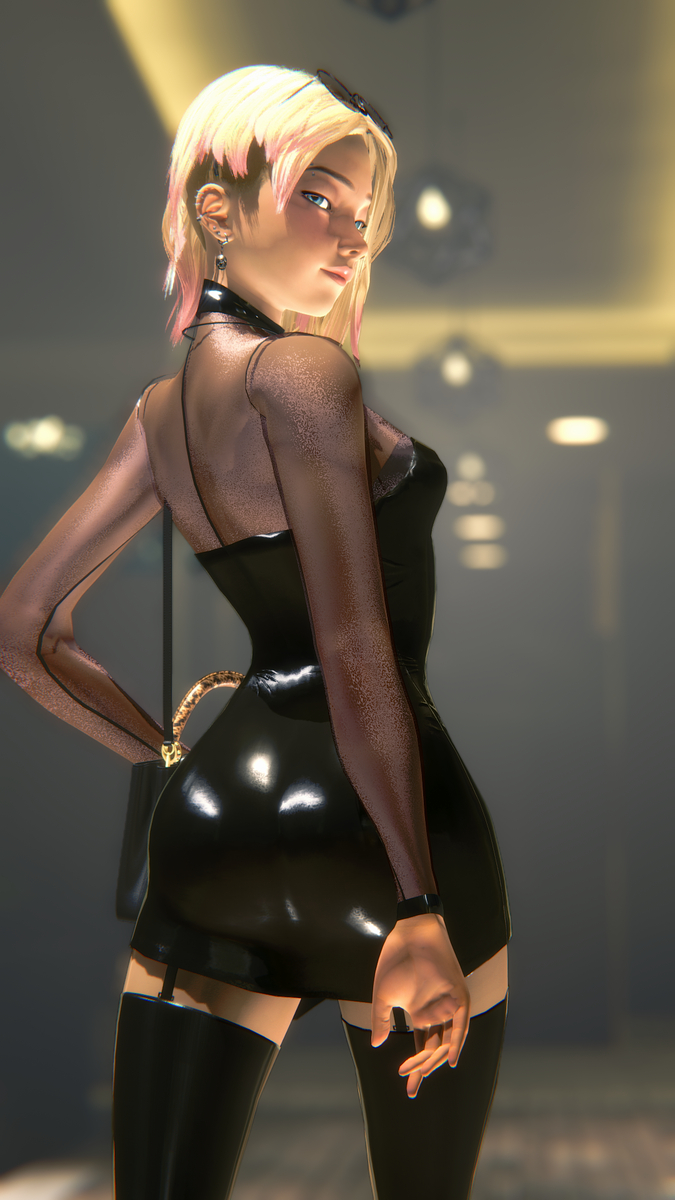 1girls, 3d, black socks, blonde hair, blue eyes, breasts, chwxxx, dress, earrings, eyebrow piercing, female, female only, fully clothed, garter straps, gwen stacy, hair, light skin, light-skinned female, looking at viewer, looking back, looking back at viewer, marvel, marvel comics, short hair, small breasts, socks, solo, spider-man (series), sunglasses on head, thigh socks, thighhighs