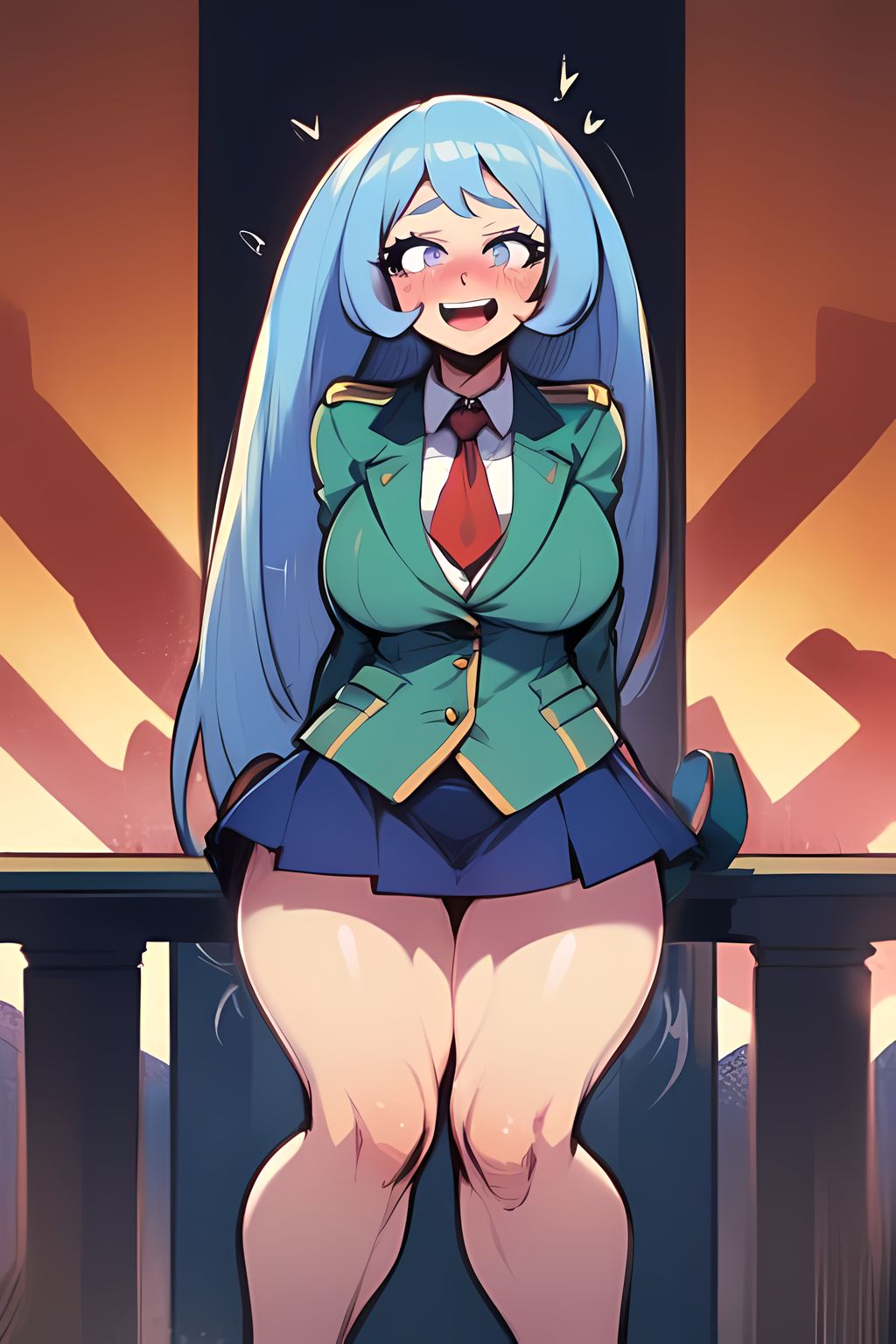 1girls, ai generated, big breasts, blue eyes, blue hair, blush, boku no hero academia, breasts, female, female only, long hair, my hero academia, nejire hado, school uniform, short skirt, stable diffusion, tagme, thick legs, thick thighs, tight clothing, u.a. school uniform, uniform