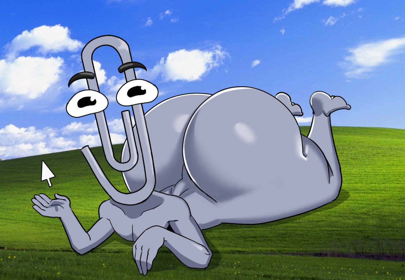 1boy anthro ass big_ass big_butt bliss_(image) blue_sky bottom_heavy butt cherryfox73 clippy cloud completely_nude facing_viewer fat_ass fat_butt feet_up flower full_body grass grey_skin huge_ass huge_butt laying_down looking_at_viewer lying lying_on_grass lying_on_ground lying_on_stomach male male_only meadow microsoft microsoft_paint microsoft_windows mouse_cursor naked non-human office_assistant on_grass on_stomach outdoors paperclip solo thick_ass thick_butt toony windows_xp