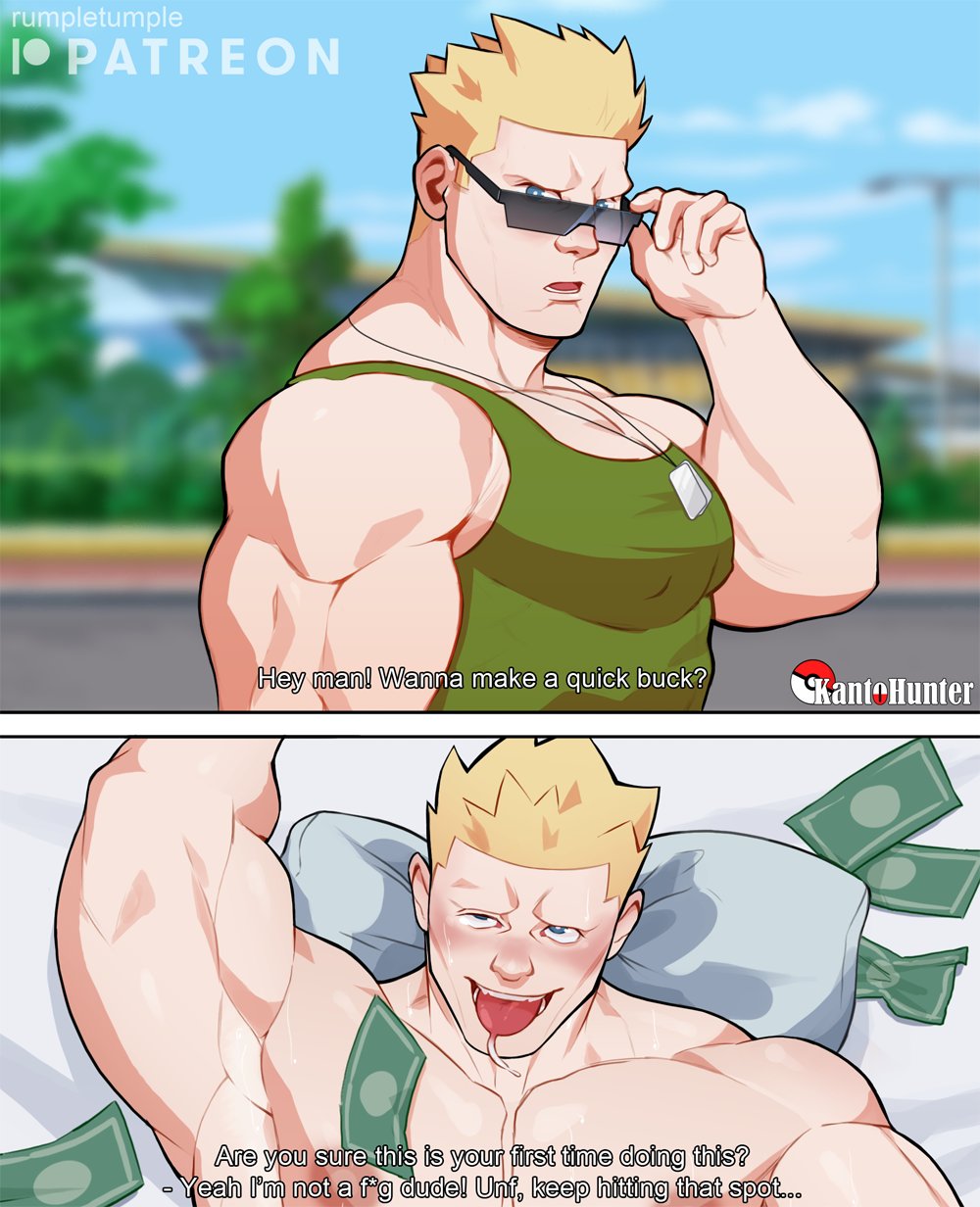 2_panel_comic 2boys abs ahe_gao anal anal_sex bara bara_tiddies bara_tits bed big_muscles big_pecs blonde blonde_hair blue_eyes cash clothed clothed_male clothing english_text gay gay_anal gay_sex glasses green_shirt green_tank_top human human_only implied_anal implied_penetration implied_sex light-skinned_male light_skin looking_at_viewer lt_surge male male/male male_chest male_only manboobs money moobs muscles muscular muscular_male necklace nipple_bulge nipples nude nude_male on_bed open_mouth patreon_username pecs pectorals pillow pleasure_face pokemon question rumpletumple1 sex shirt sleeveless sleeveless_shirt sunglasses tank_top text tight_clothing tight_shirt tight_tank_top tongue tongue_out yellow_hair