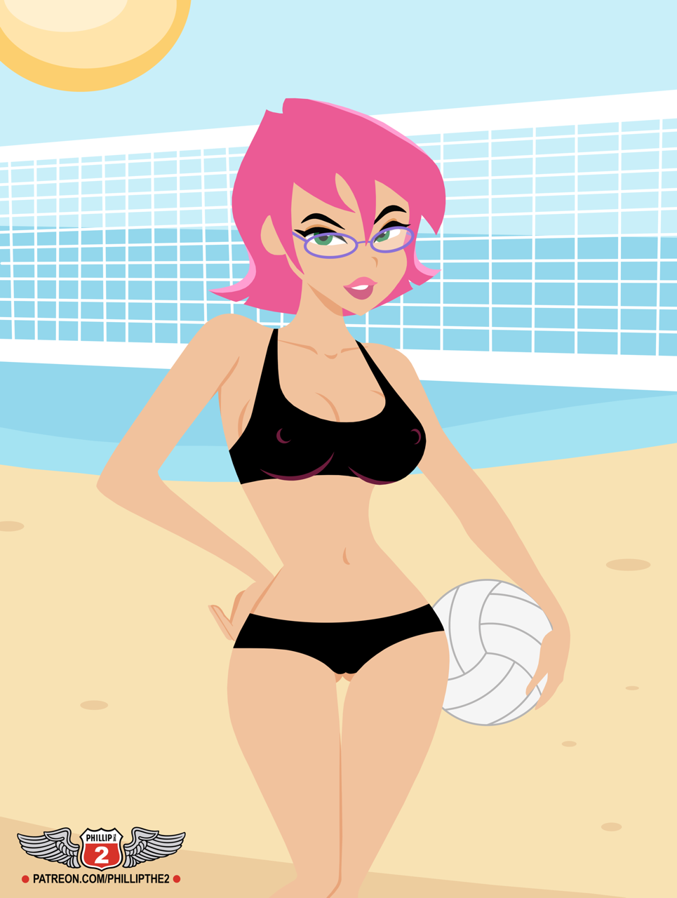 1girls beach bikini black_bikini breasts cleavage erect_nipples erect_nipples_under_clothes erin_esurance esurance female female_only fully_clothed glasses green_eyes mascot navel phantomdiver phillipthe2 pink_hair short_hair solo sports_bikini volleyball