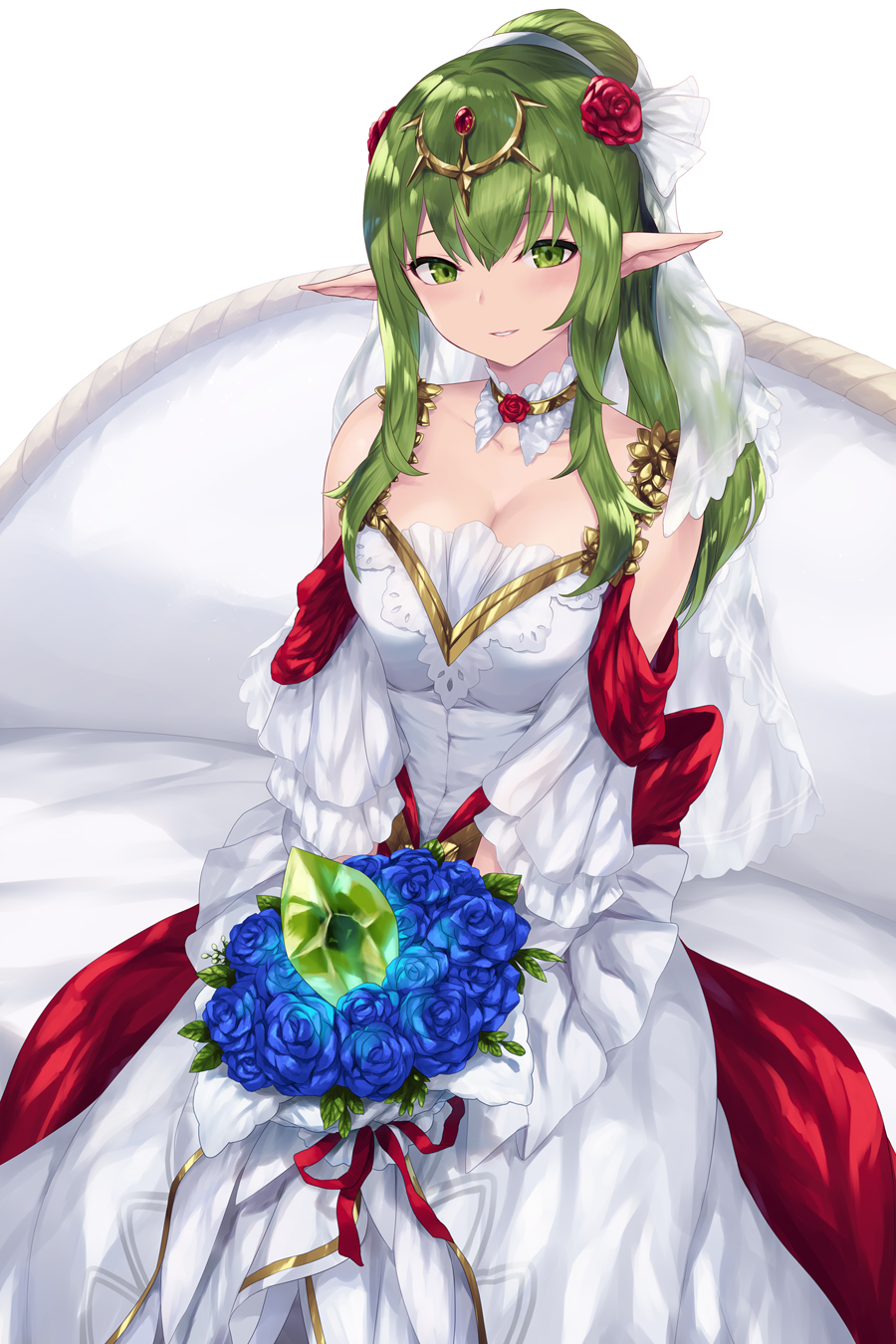 1girls alternate_costume bare_shoulders blue_flower blue_rose bouquet breasts cait cait_aron cleavage commentary detached_sleeves dress female female female_only fire_emblem fire_emblem_awakening fire_emblem_heroes flower gem green_eyes green_gemstone green_hair hair_between_eyes hair_flower hair_ornament headpiece highres holding holding_bouquet large_breasts long_hair long_sleeves looking_at_viewer nintendo official_alternate_costume parted_lips pointy_ears ponytail red_flower red_rose rose simple_background sitting sleeveless sleeveless_dress smile solo tiki_(adult)_(bridal)_(fire_emblem) tiki_(adult)_(fire_emblem) tiki_(fire_emblem) wedding_dress white_background white_dress white_sleeves