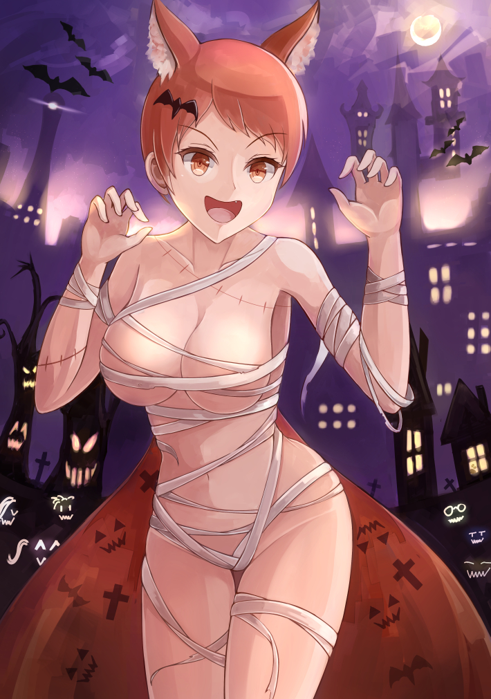 1girls alternate_costume arms_up bandages bat_(animal) breasts castle female female_only fire_emblem fire_emblem:_three_houses halloween halloween_costume large_breasts leonie_pinelli moon mummy_costume night night_sky nintendo open_mouth orange_eyes orange_hair ryuusaki_rei sky solo swept_bangs