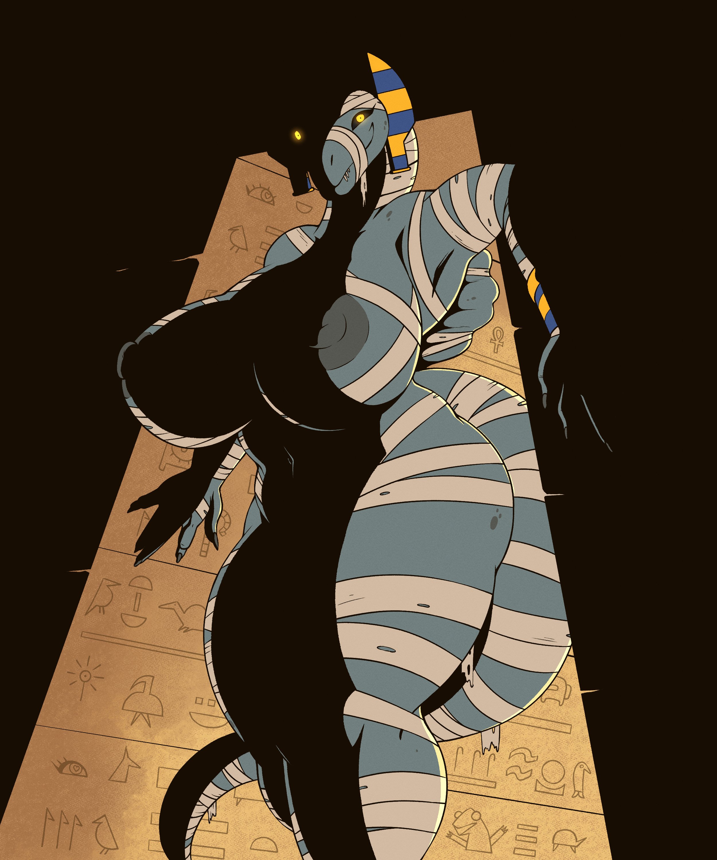 anthro, armpits, arttukorppu, big breasts, breasts, female, halloween, looking at viewer, mummy costume, original, thick thighs