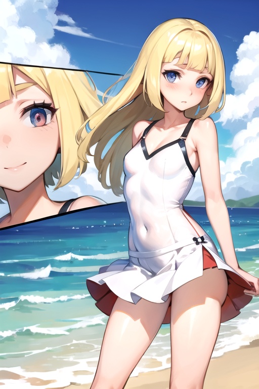 ai generated, beach, blonde hair, blue eyes, breasts, casual, female, lillie (pokemon), miniskirt, pokemon, small tits