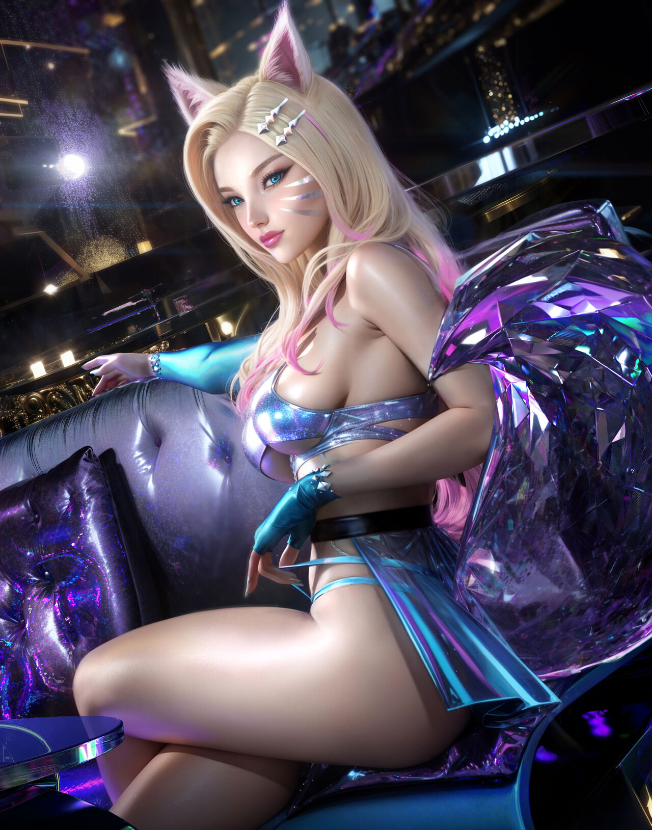 1girls, 3d, 3d (artwork), 9 tails, ahri, ass, big ass, big breasts, bikini, bikini pull, blonde hair, blue eyes, breasts, eyeshadow, facial markings, female, female focus, female only, fox, fox ears, fox girl, fox tail, gloves, hair ornament, k/da ahri, k/da all out ahri, k/da all out series, k/da series, kitsune, league of legends, light skin, light-skinned female, lipstick, long hair, looking at viewer, looking back, makeup, multi tail, nine tailed fox, pinup, sevenbees, sideboob, sitting, sitting down, sleeves, sofa, solo, solo female, solo focus, tagme, thighs, two-tone hair, vastaya