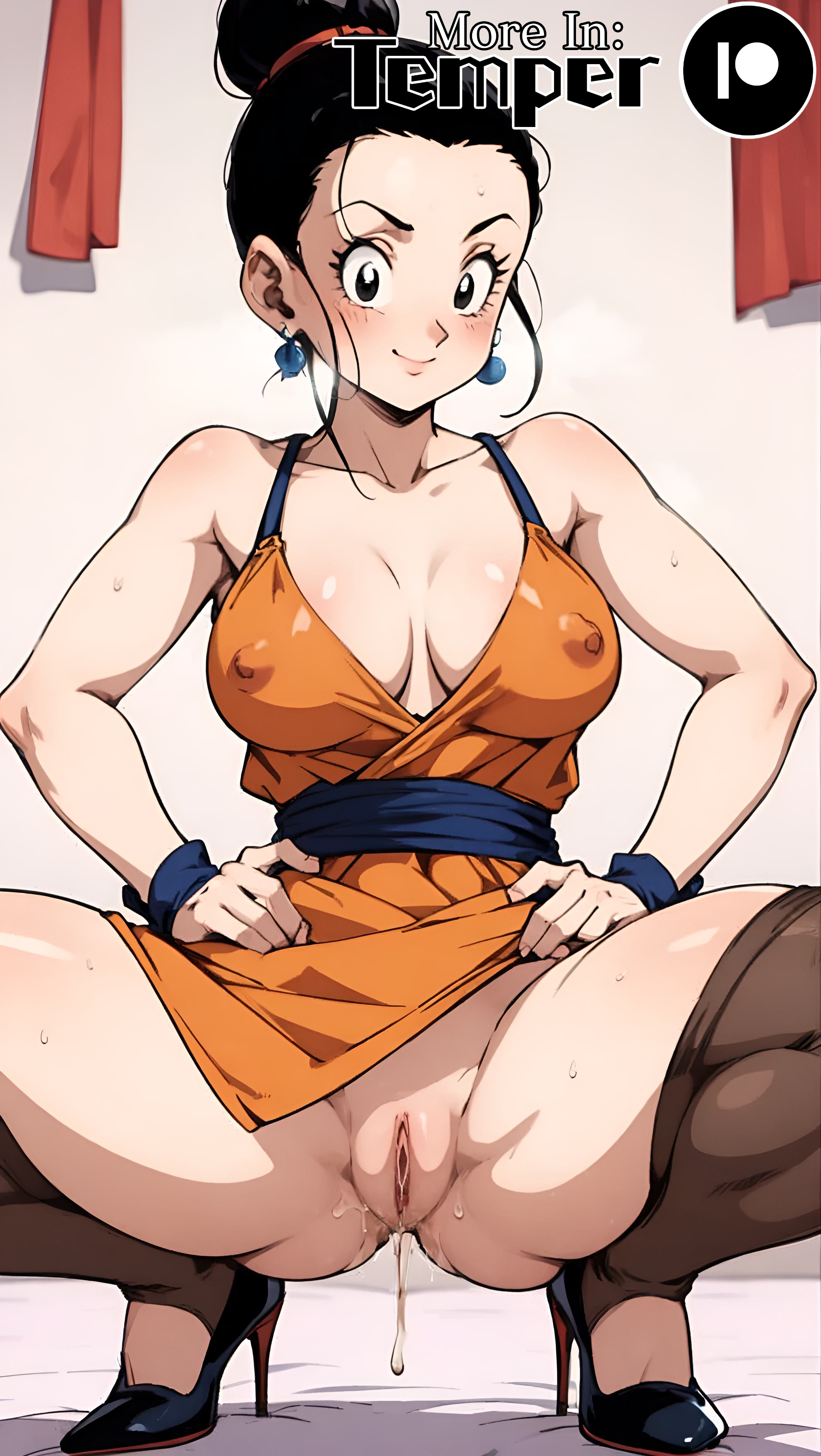 ai generated, chichi, dragon ball, dragon ball super, dragon ball z, female, heels, high heels, milf, nipples, no panties, pussy, pussy juice, skirt lift, skirt up, squatting, stable diffusion, taker ai, temper ai, thighhighs, vagina
