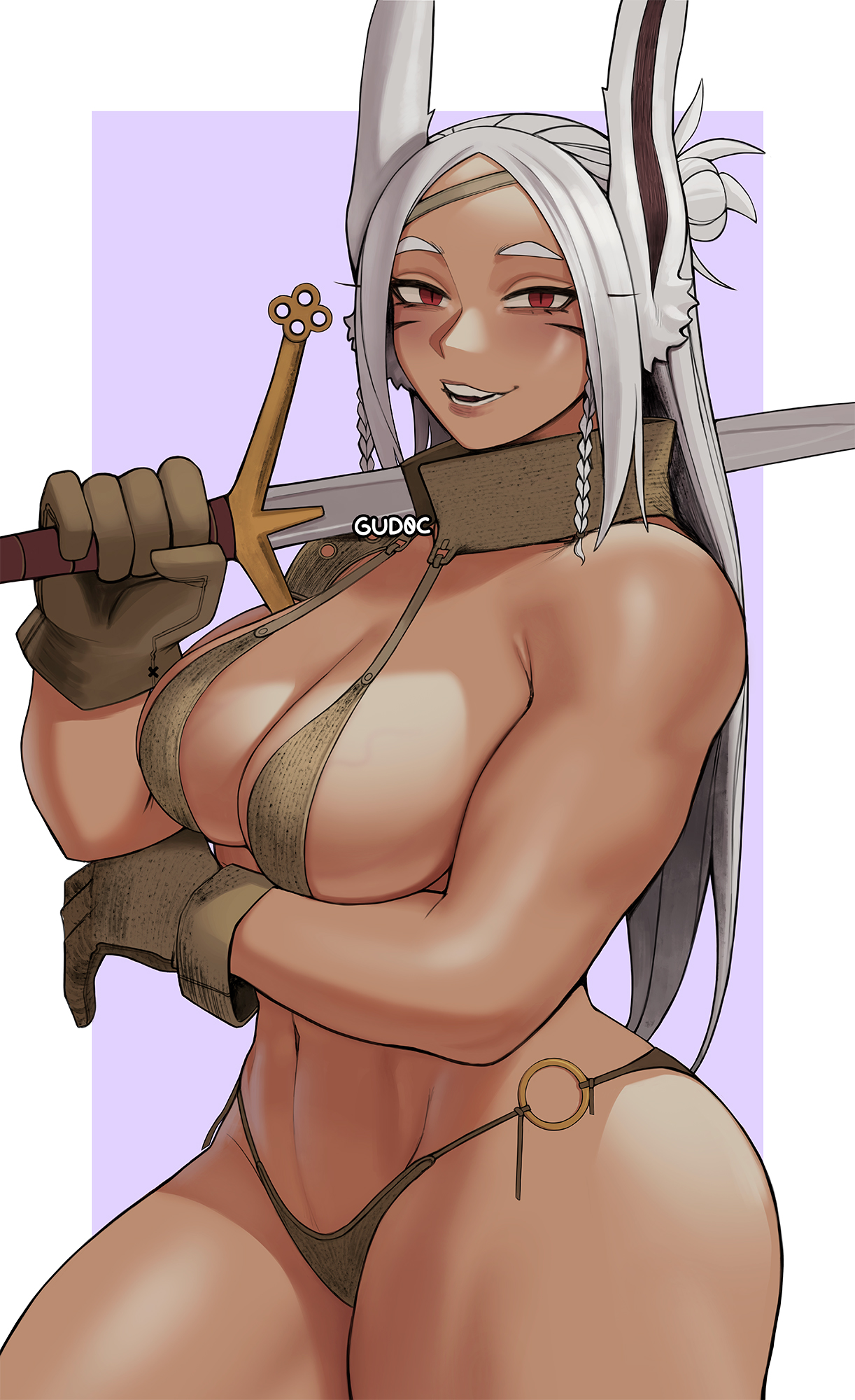 1girls, 2023, animal ears, arm under breasts, artist name, ass, athletic, athletic female, belly button, biceps, big ass, big breasts, bikini, bikini bottom, bikini top, bottomwear, breasts, busty, clothed, clothed female, clothes, clothing, curvaceous, curvy, dark skin, dark-skinned female, eyelashes, female, fit, fit female, front view, gloves, gud0c, hair, hair bun, handwear, hi res, holding sword, holding weapon, human, large ass, large breasts, long ears, long hair, looking at viewer, midriff, miruko, muscular, muscular arms, muscular female, my hero academia, navel, open mouth, pose, posing, purple background, rabbit ears, red eyes, rumi usagiyama, simple background, smile, smiling, smiling at viewer, solo, standing, stomach, straight hair, sword, sword over shoulder, teeth, thick thighs, thighs, topwear, upper body, veiny breasts, voluptuous, weapon, white hair, wide hips