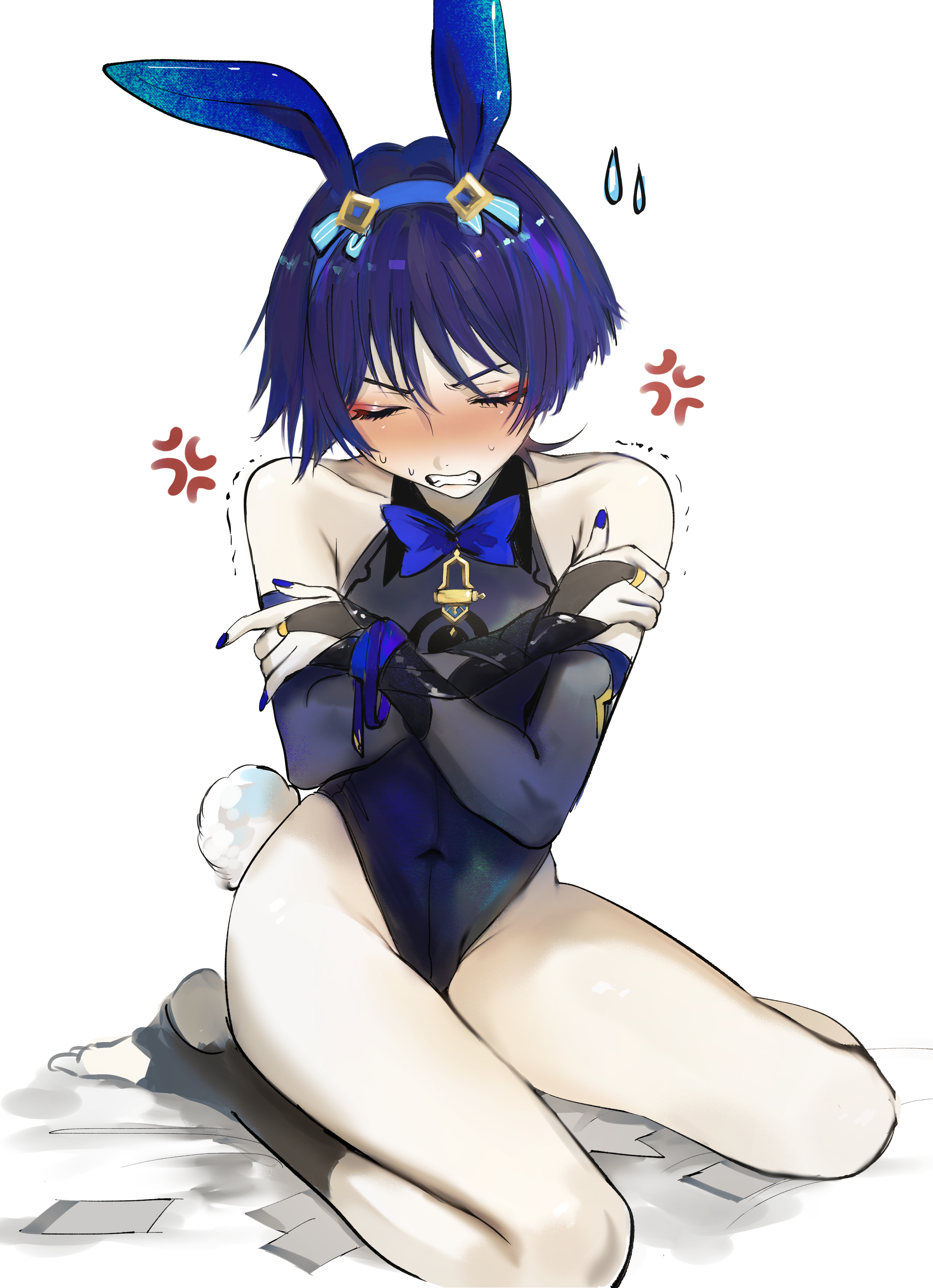 1boy, angry, blue hair, blush, breasts, bunny boy, bunny costume, bunny ears, bunny tail, bunnysuit, closed eyes, crossdressing, embarrassed, feet, femboy, genshin impact, leotard, male, male only, scaramouche (genshin impact), sweat, thighs, trap, twink