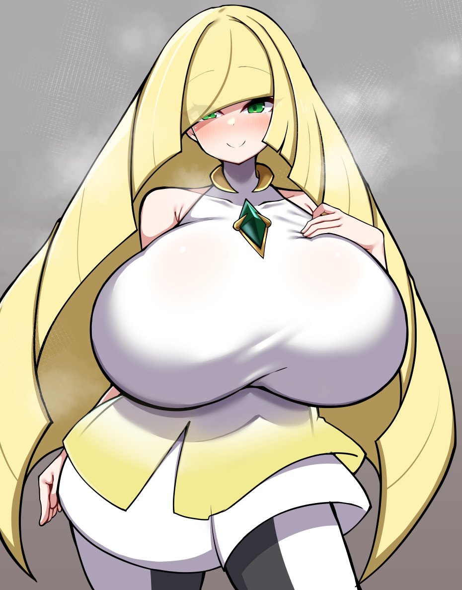 1girls alternate_breast_size blonde_hair breasts clothed detritus duvet208 female game_freak green_eyes huge_breasts light-skinned_female light_skin long_hair lusamine_(pokemon) massive_breasts mature_female milf mother nintendo pokemon pokemon_sm smile thick_thighs