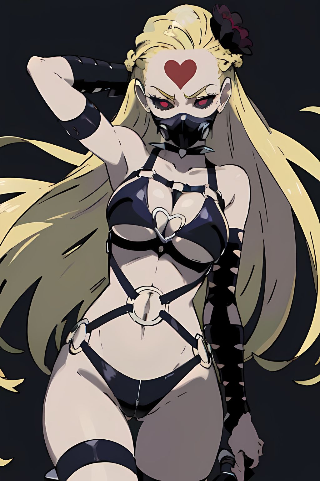 1girls 2d ai_generated bdsm_gear blonde_hair female female_only highres huge_breasts kaijin_hime_do-s light-skinned_female lingerie long_hair looking_at_viewer monster_princess one-punch_man partially_clothed pokemon_style red_eyes stable_diffusion tagme thigh_gap