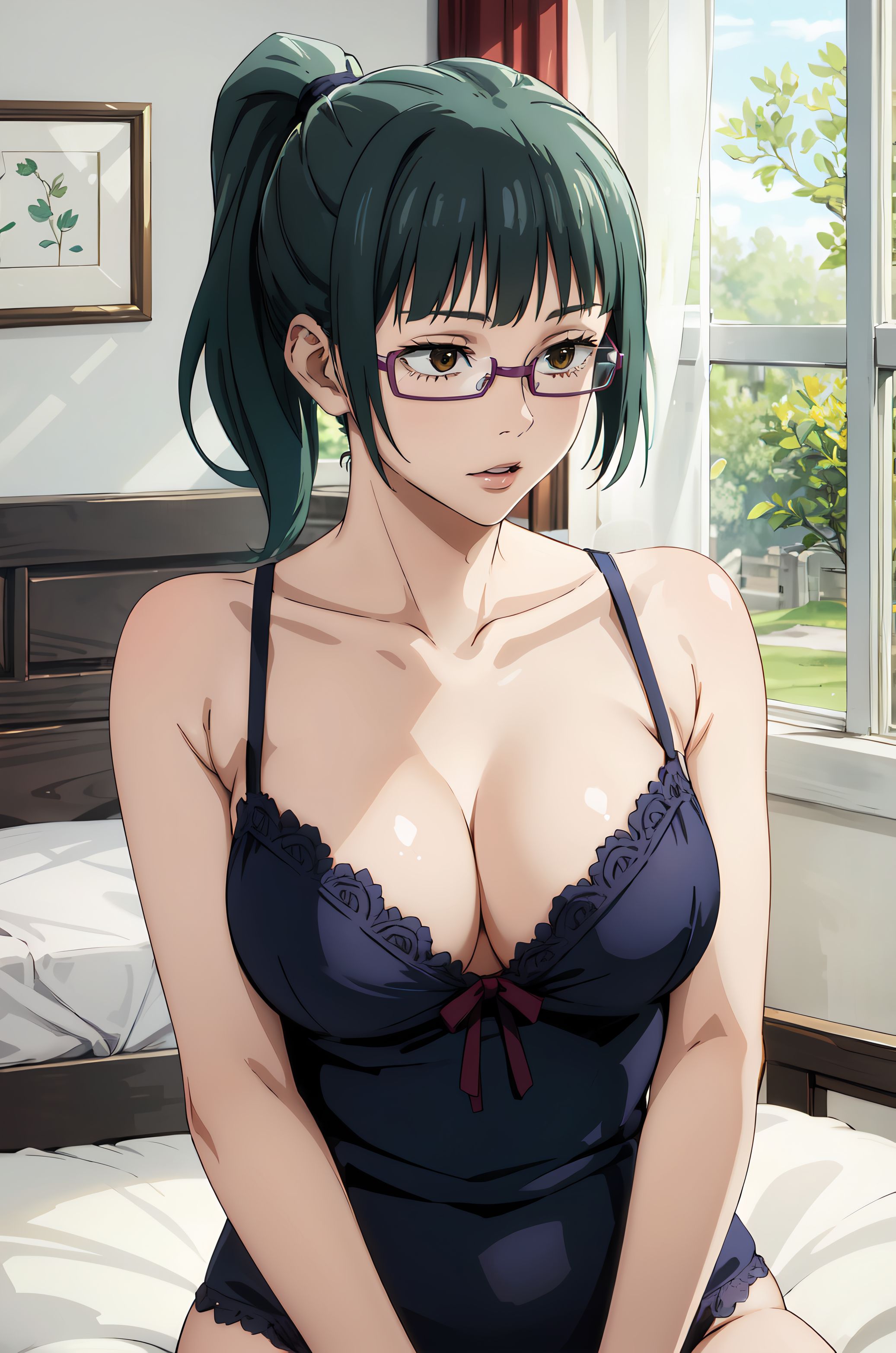 ai generated, bangs, embarrassed, female, jujutsu kaisen, mommy, nervous, ponytail, shy, stable diffusion, zenin maki