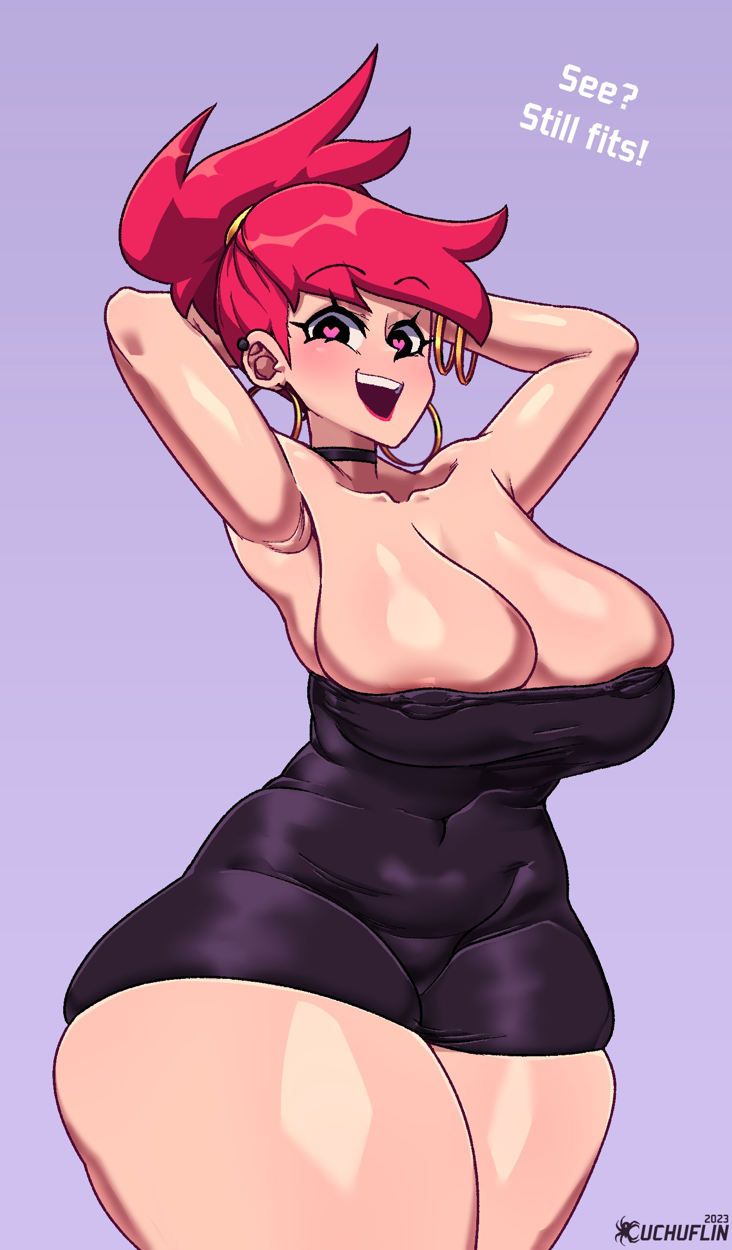 2023, armpits, big breasts, black clothing, breasts, cartoon network, clothed, clothing, cuchuflin, female, female only, foster's home for imaginary friends, frankie foster, heart, heart-shaped pupils, hoop earrings, large breasts, red hair, red lipstick, skindentation, tagme, thick thighs, tight clothing, venus body, watermark