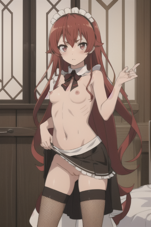 1girls, ai generated, breasts, eris greyrat, female, female only, fishnets, looking at viewer, maid, maid headdress, maid uniform, mushoku tensei, nude, partially nude, petite, pussy, red eyes, red hair, seductive, showing breasts, showing pussy, skirt lift, small breasts, solo, standing, stockings, thighs, uncensored, young