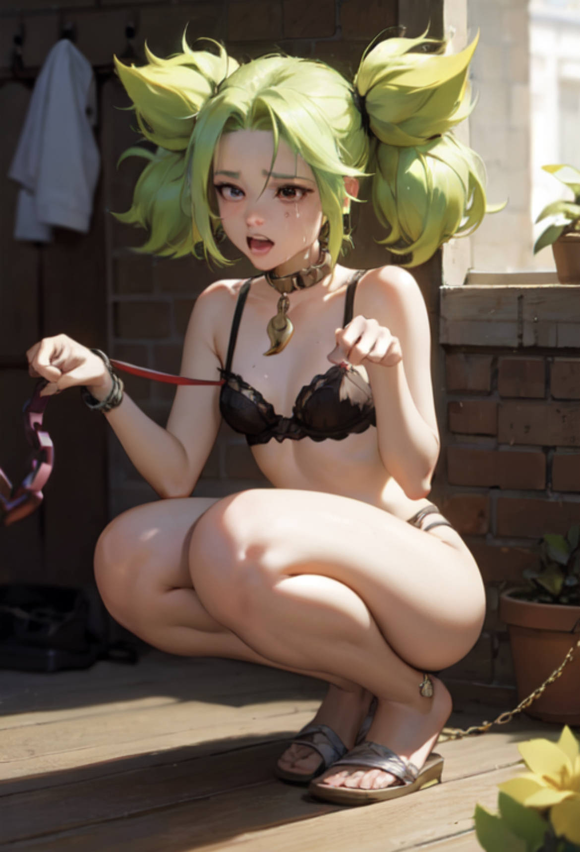 1girls, 2d, ai generated, black lipstick, breasts, collar, dog collar, female, female only, green hair, green skin, high heels, knees up, league of legends, league of legends: wild rift, leash, lingerie, low-angle view, petite, petplay, pixai, riot games, seductive look, slave, small breasts, squatting, stable diffusion, thick thighs, tongue, zeri (league of legends)