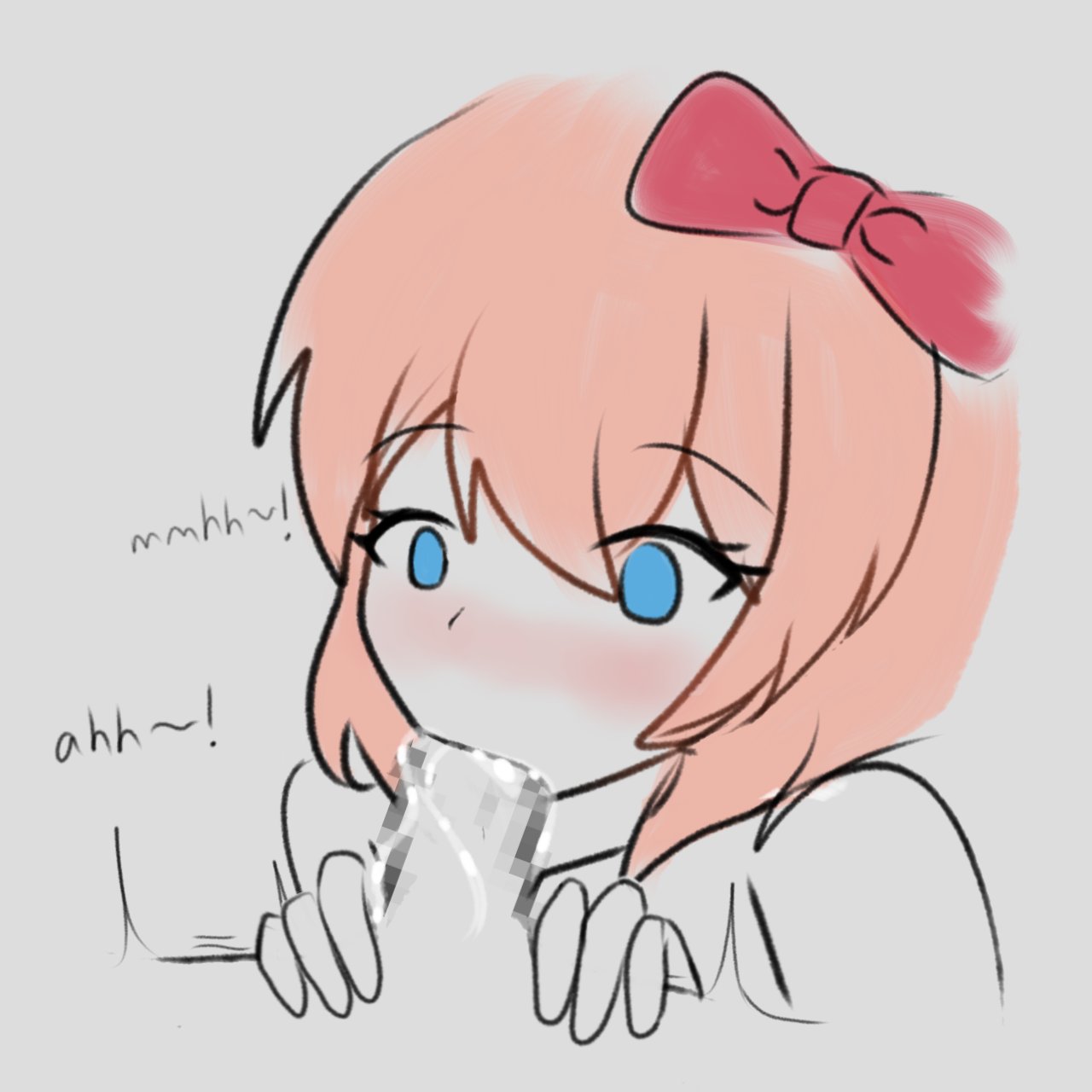 ahh blowjob blue_eyes blushing bow censored censored_penis doki_doki_literature_club english_text eyes_open fellatio hair_bow hairbow mmhh open_eyes penis_in_mouth red_bow red_hair_bow red_hairbow sayori_(doki_doki_literature_club) sayorilewds strawberry_blonde_hair text