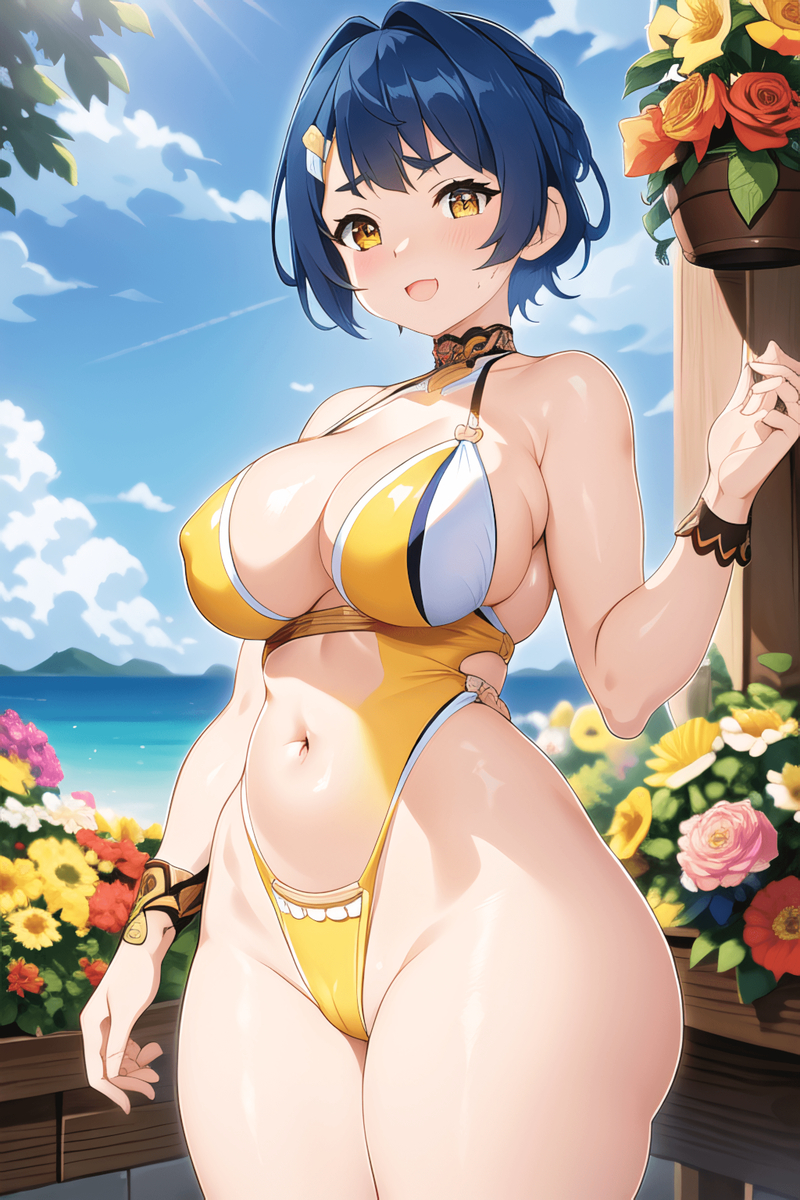 1girls, ai generated, big breasts, big thighs, blue hair, breasts, busty, cleavage, female, genshin impact, huge breasts, huge thighs, large breasts, large thighs, navel, powanpowan, stable diffusion, swimsuit, thick thighs, thighs, voluptuous, xiangling (genshin impact), yellow eyes