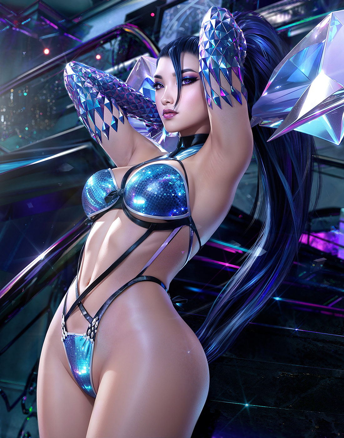 1girls, 3d, armpits, arms behind head, arms up, ass, big ass, big breasts, bikini, blue bikini, blue hair, breasts, clothed, clothed female, detached sleeves, elbow gloves, eyeshadow, female, female focus, female only, floating object, hands behind head, hourglass figure, indoors, k/da all out kai'sa, k/da all out series, kai'sa, league of legends, light skin, light-skinned female, lingerie, lipstick, long hair, looking at viewer, makeup, navel, pinup, ponytail, purple eyes, purple lipstick, riot games, sevenbees, skimpy clothes, sleeves, solo, solo female, solo focus, swimsuit, tagme, thick thighs, thighs, wide hips