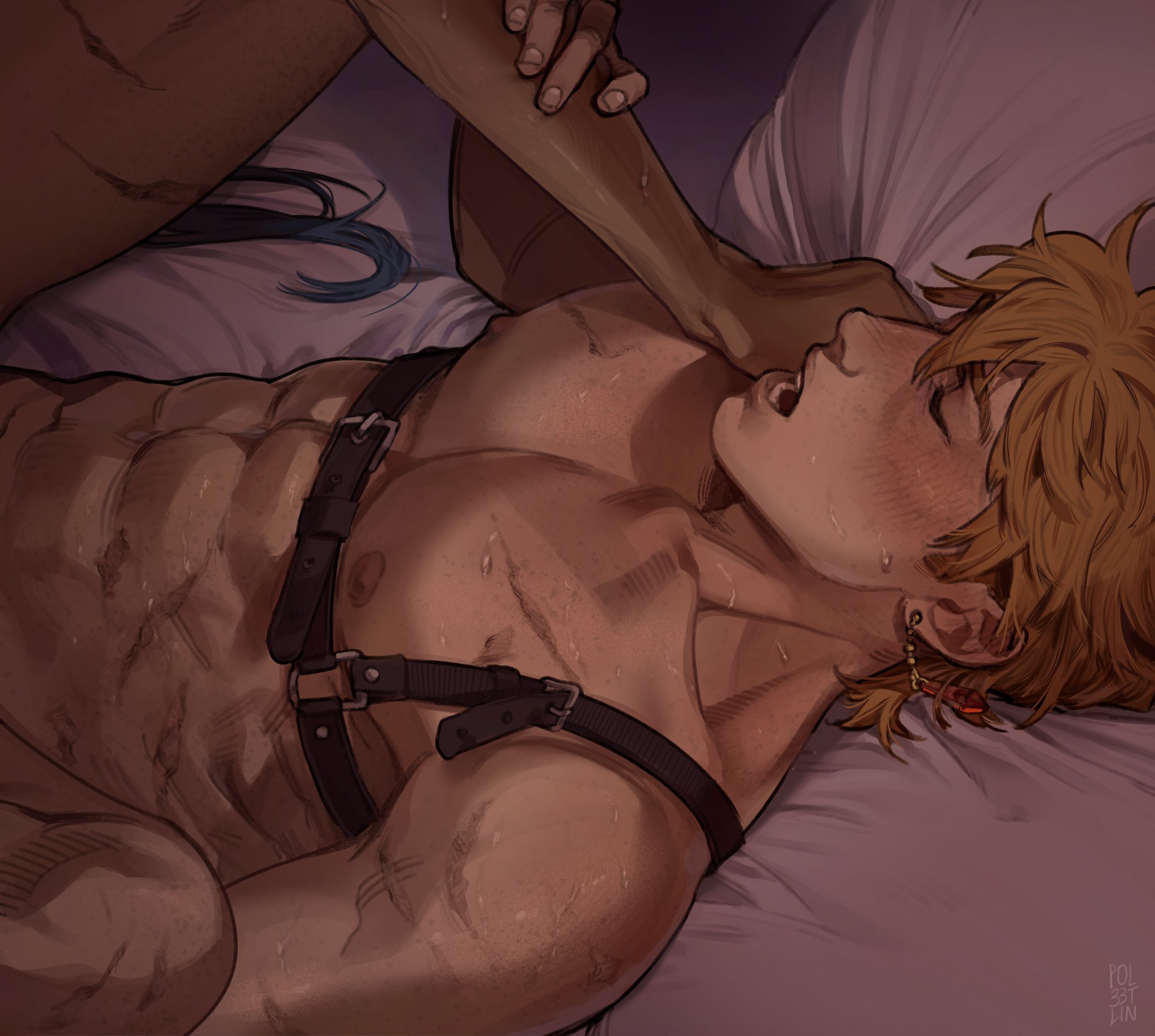 2boys, childe (genshin impact), closed eyes, cropped, cropped image, genshin impact, ginger, kaeya (genshin impact), legs, male, male only, muscular, naked, no visible genitalia, open mouth, pol33tlin, scar, sex, sweatdrop, tartaglia (genshin impact), yaoi