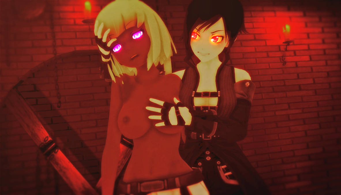 2girls 3d big_breasts black_hair dark-skinned_female emerald_sustrai female female_only glowing_eyes green_hair hypnosis lesbian light-skinned_female multiple_girls pink_eyes psychogator red_eyes red_hair ruby_rose rwby topless touching_breast two_tone_hair vampire yuri