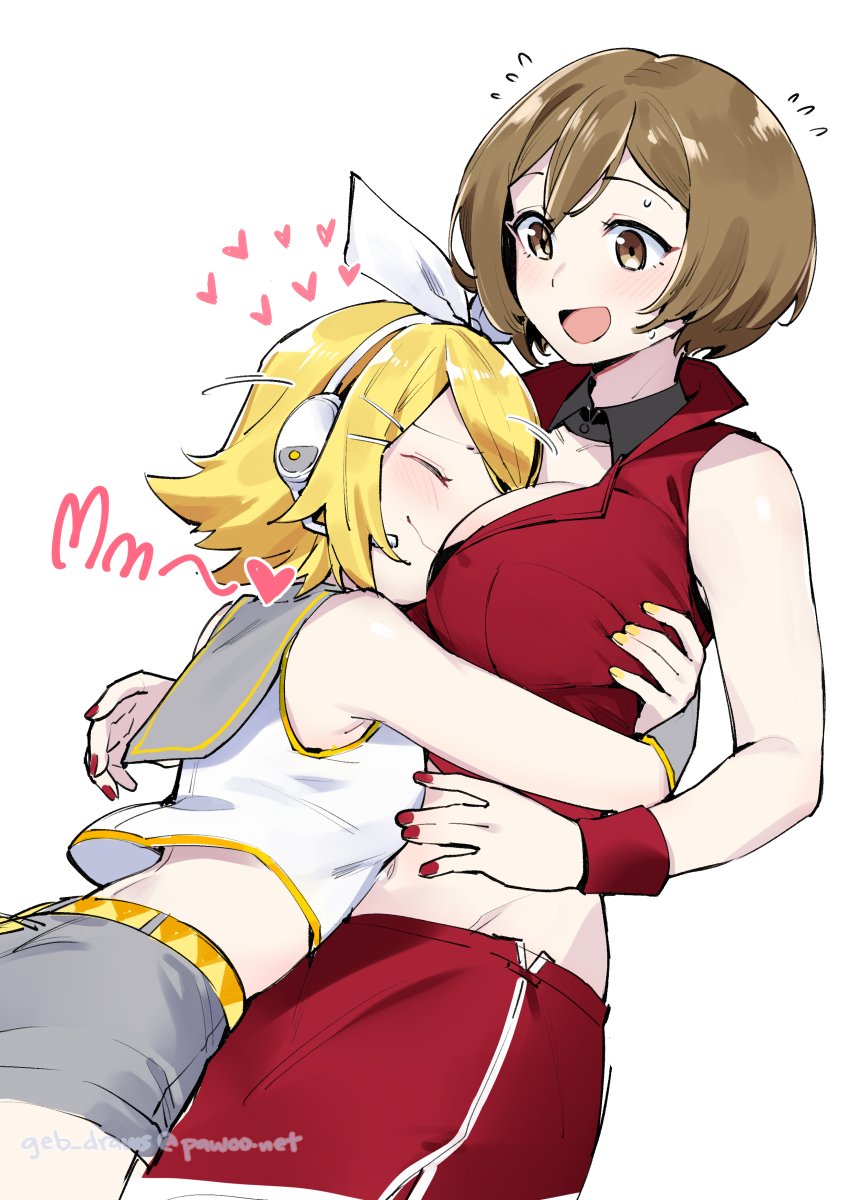 big_breasts brown_hair cute face_on_breast ge-b head_between_breasts hugging kagamine_rin meiko meiko_(vocaloid) older_female project_sekai questionable_consent red_nails size_difference tagme text vocaloid wholesome yellow_hair yellow_nails younger_female yuri