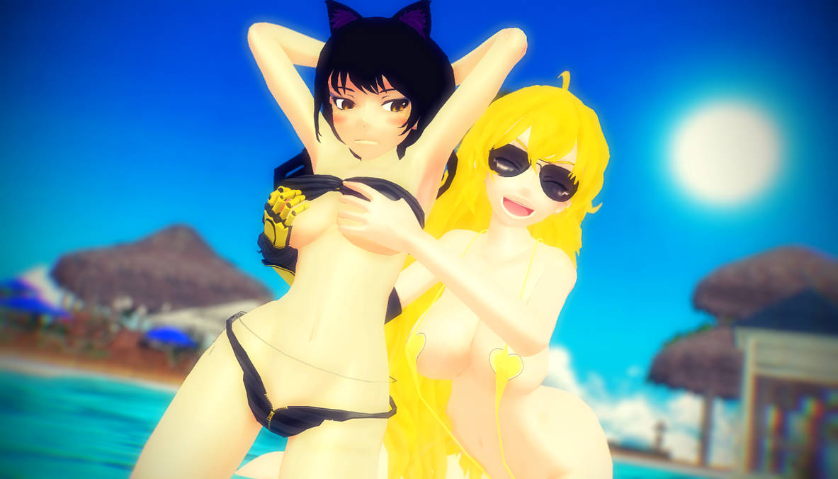 2girls black_hair blake_belladonna blonde_hair canon_couple cat_ears multiple_girls psychogator rwby sunglasses yang_xiao_long yuri