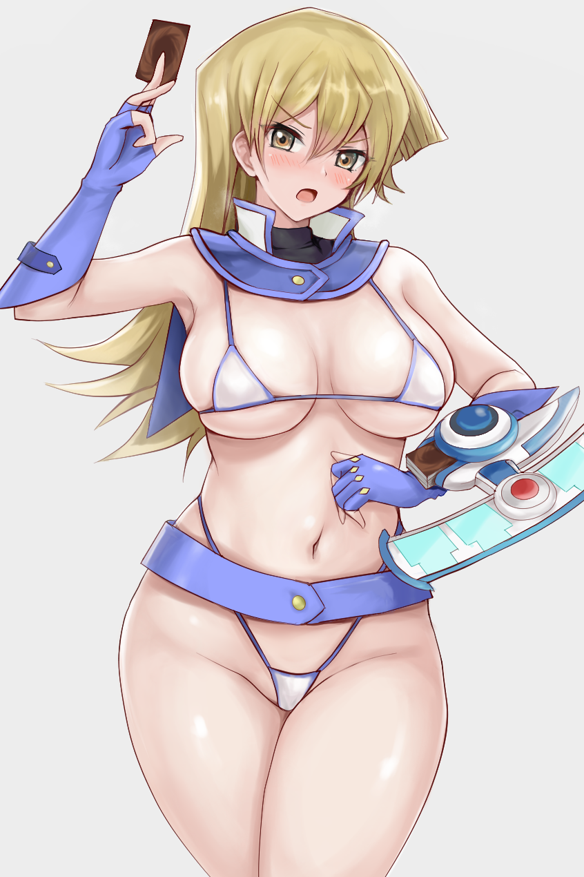 alexis_rhodes bikini blonde_hair blush cards duel_disk eyes holding_card long_hair open_mouth r-binon yu-gi-oh! yu-gi-oh!_gx