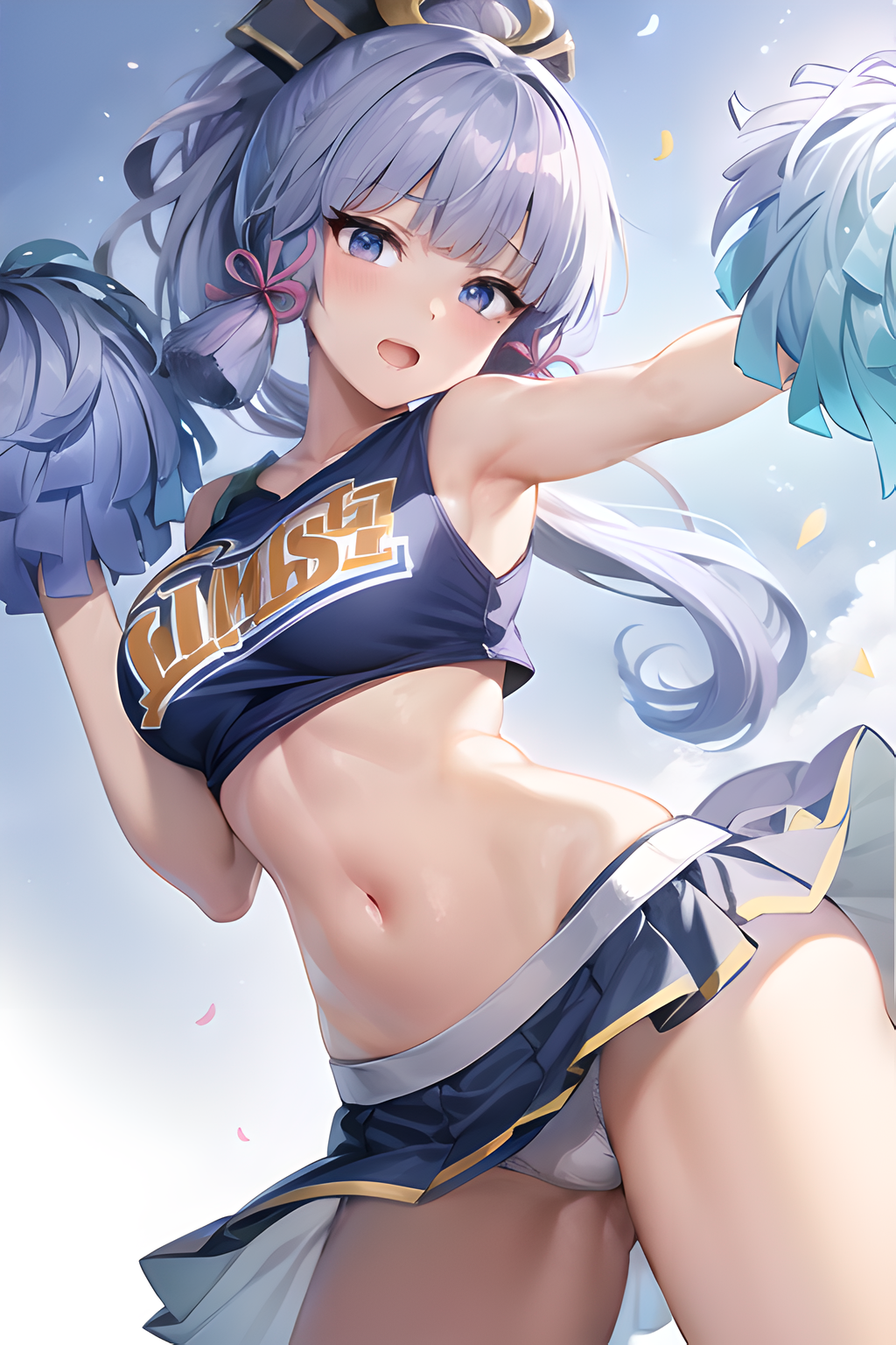 1girls ai_generated bare_shoulders blue_eyes blue_hair blush cheerleader cheerleader_uniform eon_huiyin genshin_impact kamisato_ayaka light-skinned_female light_skin long_hair looking_at_viewer medium_breasts midriff navel open_mouth pom_poms ponytail shiny_skin smile solo stomach thighs white_panties