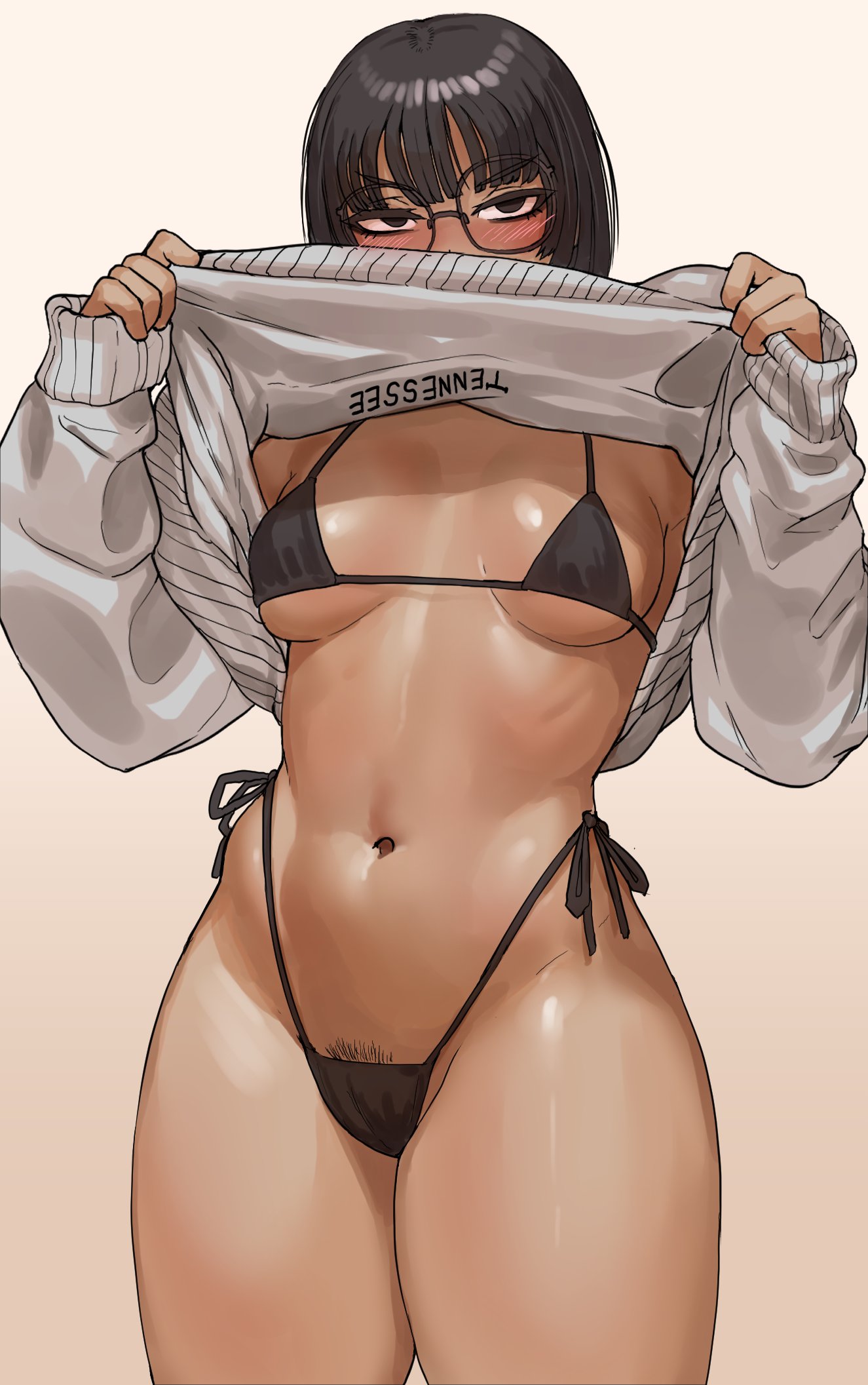 1girls, bikini, blush, breasts, female, flashing, glasses, looking at viewer, medium breasts, otik, solo, string bikini, sweater lift