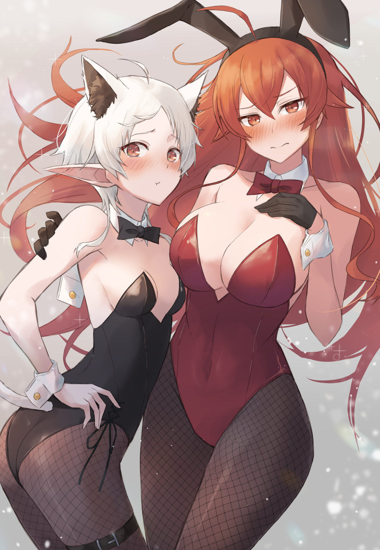 2girls, animal ears, ass, black bow, black bowtie, black gloves, black leotard, blush, bow, bowtie, breasts, cat ears, cat girl, cleavage, commentary request, detached collar, elf, eris greyrat, eris greyrat (adult), fake animal ears, female, female only, fishnet pantyhose, fishnets, gloves, highres, large breasts, leotard, long hair, multiple females, multiple girls, mushoku tensei, nakami chihiro, nose blush, pantyhose, playboy bunny, pointy ears, rabbit ears, red bow, red bowtie, red eyes, red hair, red leotard, short hair, small breasts, sylphiette (mushoku tensei), white hair, wrist cuffs