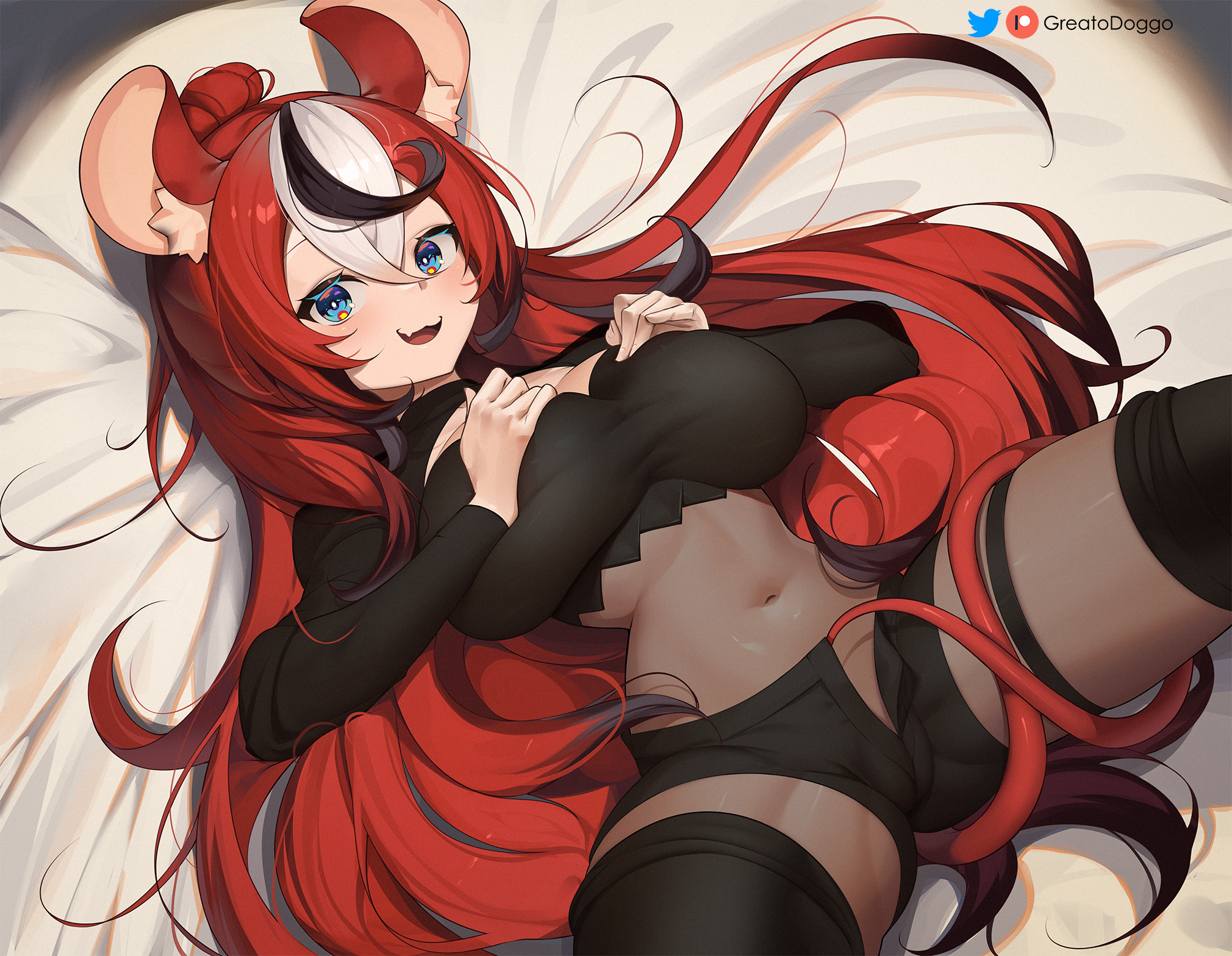 1girls, alternate breast size, blackberry baelz, breasts, female, greatodoggo, hakos baelz, hi res, hololive, hololive english, hololive english -council-, hololive english -promise-, kemonomimi, large breasts, long hair, lying on back, rat ears, rat girl, red hair, smile, thick thighs, virtual youtuber