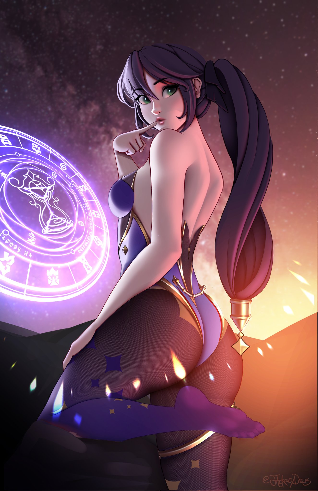1girls, ass, big ass, big butt, female, genshin impact, jackary draws, legwear, mona (genshin impact), pantyhose, thick thighs, thighs