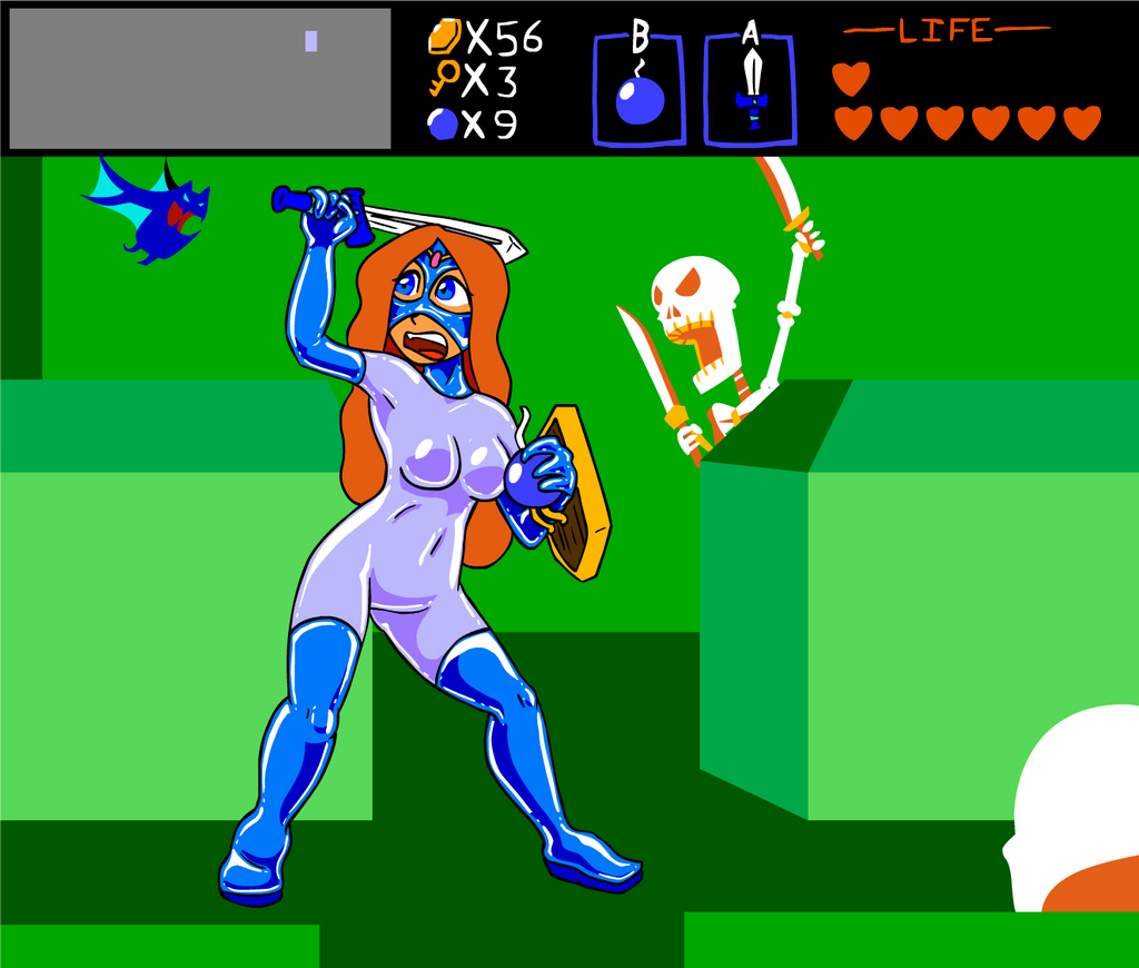 1girls blue_bodysuit blue_eyes blue_latex bodysuit bomb breasts brown_hair circlet dungeon enhanced_breasts enhancements four_fingers heads-up_display hips keese latex nintendo opera_gloves part_of_a_set princess_zelda shennanigma shield stalfos sword tagme the_legend_of_zelda the_legend_of_zelda_(nes) thick_thighs thigh_boots zelda_(nes)