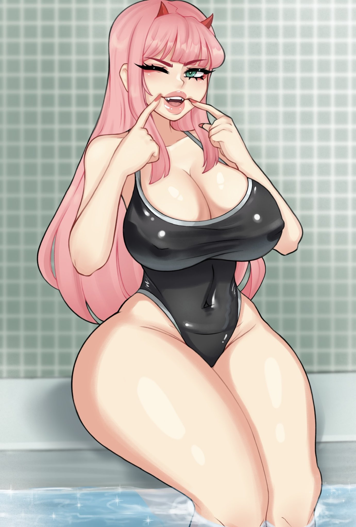 1girls breasts cleavage curvaceous curvy darling_in_the_franxx fangs female female_only horns large_breasts looking_at_viewer mimimows one_piece_swimsuit pink_hair sitting solo swimsuit thick_thighs thighs wide_hips zero_two_(darling_in_the_franxx)